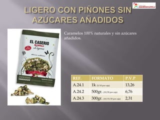 Caramelos 100% naturales y sin azúcares
añadidos.




    REF.      FORMATO                      P.V.P
    A.24.1    1k (5/10 por caja)           13,26
    A.24.2    500gr. (10/20 por caja)      6,76
    A.24.3    300gr. (10/15/25 por caja)   2,31
 