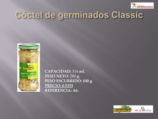 CAPACIDAD: 314 ml.
PESO NETO: 280 g.
PESO ESCURRIDO: 100 g.
PRECIO: 0.5333
REFERENCIA: A6.
 