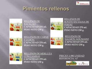 RELLENOS DE
RELLENOS DE              BONITO EN SALSA DE
BACALAO                  PERDIZ
CAPACIDAD 270 ml.        CAPACIDAD 270 ml.
PESO NETO 230 g          PESO NETO 230 g.


RELLENOS DE CARNE         RELLENOS DE
Y JAMÓN                   SALMÓN AHUMADO
CAPACIDAD 270 ml.         CAPACIDAD 270 ml.
PESO NETO 230 g.          PESO NETO 230 g


RELLENOS DE MERLUZA
CON GAMBAS            PRECIO: 1.98€ UNIDAD
CAPACIDAD 270 ml.     REFERENCIA: A7
PESO NETO 230 g
 