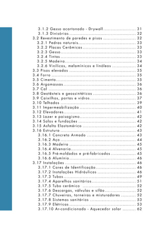 3.1.2 Gesso acartonado - Dr ywall....................... 31
3.1.3 Divisórias.............................................. 32
3.2 Revestimento de paredes e pisos....................... 32
3.2.1 Pedras naturais........................................ 33
3.2.2 Placas Cerâmicas..................................... 33
3.2.3 Gesso.................................................... 33
3.2.4 Tintas.................................................... 33
3.2.5 Madeira................................................. 34
3.2.6 Vinílicos, melamínicos e linóleos................. 34
3.3 Pisos elevados.............................................. 35
3.4 Forro.......................................................... 35
3.5 Cimento....................................................... 35
3.6 Argamassas.................................................. 36
3.7 Cal ............................................................ 36
3.8 Geotêxteis e geossintéticos.............................. 36
3.9 Caixilhos, portas e vidros................................ 37
3.10 Telhados.................................................... 39
3.11 Impermeabilização....................................... 40
3.12 Elevadores................................................. 41
3.13 Lazer e paisagismo....................................... 42
3.14 Solos e fundações........................................ 42
3.15 Asfalto Elastomérico..................................... 42
3.16 Estrutura.................................................... 43
3.16.1 Concreto Armado .................................. 43
3.16.2 Aço.................................................... 44
3.16.3 Madeira.............................................. 45
3.16.4 Alvenaria............................................. 45
3.16.5 Pré-moldados e pré-fabricados.................. 45
3.16.6 Alumínio.............................................. 46
3.17 Instalações................................................. 46
3.17.1 Cores de Identificação............................ 46
3.17.2 Instalações Hidráulicas........................... 46
3.17.3 Tubos.................................................. 49
3.17.4 Aparelhos sanitários............................... 51
3.17.5 Tubo cerâmico ..................................... 52
3.17.6 Descargas, válvulas e sifão...................... 52
3.17.7 Chuveiros, torneiras e misturadores........... 52
3.17.8 Sistemas sanitários ............................... 53
3.17.9 Elétricas.............................................. 53
3.17.10 Ar-condicionado - Aquecedor solar.......... 62
 