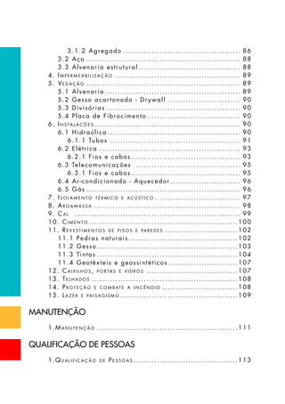 3.1.2 Agregado.............................................. 86
3.2 Aço............................................................ 88
3.3 Alvenaria estrutural........................................ 88
4. Im p e r m e a b i l i z a ç ã o ................................................. 89
5. Ve d a ç ã o ............................................................ 89
5.1 Alvenaria..................................................... 89
5.2 Gesso acartonado - Dr ywall............................. 90
5.3 Divisórias.................................................... 90
5.4 Placa de Fibrocimento..................................... 90
6. In s ta l a ç õ e s ......................................................... 90
6.1 Hidraúlica.................................................... 90
6.1.1 Tubos................................................... 91
6.2 Elétrica....................................................... 93
6.2.1 Fios e cabos........................................... 93
6.3 Telecomunicações ......................................... 95
6.3.1 Fios e cabos........................................... 95
6.4 Ar-condicionado - Aquecedor............................ 96
6.5 Gás............................................................ 96
7. Is o l a m e n t o t é r m i c o e a c ú s t i c o .................................. 97
8. Ar g a m a s s a ......................................................... 98
9. Ca l ................................................................. 99
10. Ci m e n t o ..........................................................100
11. Re v e s t i m e n t o s d e p i s o s e pa r e d e s .............................102
11.1 Pedras naturais...........................................102
11.2 Gesso.......................................................103
11.3 Tintas.......................................................104
11.4 Geotêxteis e geossintéticos...........................107
12. Ca i x i l h o s , p o r ta s e v i d r o s ....................................107
13. Te l h a d o s .........................................................108
14. Pr o t e ç ã o e c o m b at e a i n c ê n d i o ..............................108
15. La z e r e pa i s a g i s m o ..............................................109
MANUTENÇÃO
1.Ma n u t e n ç ã o .......................................................111
QUALIFICAÇÃO DE PESSOAS
1.Qu a l i f i c a ç ã o d e Pe s s o a s .........................................113
 