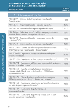 NORMAS TÉCNICAS
VÁLIDA A
PARTIR DE
DESEMPENHO, PROJETO E ESPECIFICAÇÃO
DE MATERIAIS E SISTEMAS CONSTRUTIVOS
40
3.11 Impermeabilização
NBR 9229 – “Mantas de butil para impermeabilização –
Especificação”.
1988
NBR 9575 – “Impermeabilização – seleção e projeto”. 2010
NBR 9685 – “Emulsão asfáltica para impermeabilização”. 2005
NBR 9686 – “Solução e emulsão asfálticas empregadas como
material de imprimação na impermeabilização”.
2006
NBR 9690 – “Impermeabilização – mantas de cloreto de
polivilina (PVC)”.
2008
NBR 9952 – “Manta asfáltica para impermeabilização”. 2014
NBR 11797 – “Mantas de etileno-propileno-dieno-monômero
(EPDM) para impermeabilização – Especificação”.
1992
NBR 11905 – “Argamassa polimérica industrializada para
impermeabilização”.
2015
NBR 13321 – “Membrana acrílica para impermeabilização”. 2008
NBR 13724 – “Membrana asfáltica para impermeabilização com
estrutura aplicada a quente”.
2008
NBR 15352 – “Mantas termoplásticas de polietileno de
alta densidade (PEAD) e de polietileno linear (PEBDL) para
impermeabilização”.
2006
NBR 15375 – “Bocal de etileno-propileno-dieno monômero
(EPDM) para impermeabilização de descida de águas”.
2007
NBR 15460 – “Membrana elastomérica de isobutileno isopreno
em solução para impermeabilização”.
2007
NBR 15487 – “Membrana de poliuretano para
impermeabilização”.
2007
NBR 15885 – “Membrana de polímero acrílico com ou sem
cimento, para impermeabilização.
2010
3.ESPECIFICAÇÃODEMATERIAISESISTEMASCONSTRUTIVOS
 