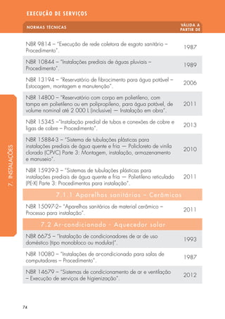NORMAS TÉCNICAS
VÁLIDA A
PARTIR DE
EXECUÇÃO DE SERVIÇOS
74
NBR 9814 – “Execução de rede coletora de esgoto sanitário –
Procedimento”.
1987
NBR 10844 – “Instalações prediais de águas pluviais –
Procedimento”.
1989
NBR 13194 – “Reservatório de fibrocimento para água potável –
Estocagem, montagem e manutenção”.
2006
NBR 14800 – “Reservatório com corpo em polietileno, com
tampa em polietileno ou em polipropileno, para água potável, de
volume nominal até 2 000 L (inclusive) — Instalação em obra“.
2011
NBR 15345 –“Instalação predial de tubos e conexões de cobre e
ligas de cobre – Procedimento”.
2013
NBR 15884-3 – “Sistema de tubulações plásticas para
instalações prediais de água quente e fria — Policloreto de vinila
clorado (CPVC) Parte 3: Montagem, instalação, armazenamento
e manuseio“.
2010
NBR 15939-3 – “Sistemas de tubulações plásticas para
instalações prediais de água quente e fria — Polietileno reticulado
(PE-X) Parte 3: Procedimentos para instalação“.
2011
7.1.1 Aparelhos sanitários – Cerâmicos
NBR 15097-2– “Aparelhos sanitários de material cerâmico –
Processo para instalação”.
2011
7.2 Ar-condicionado - Aquecedor solar
NBR 6675 – “Instalação de condicionadores de ar de uso
doméstico (tipo monobloco ou modular)”.
1993
NBR 10080 – “Instalações de ar-condicionado para salas de
computadores – Procedimento”.
1987
NBR 14679 – “Sistemas de condicionamento de ar e ventilação
– Execução de serviços de higienização”.
2012
7.INSTALAÇÕES
 
