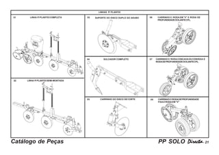 PP SOLO DirectaDirectaDirectaDirectaDirecta----- 21Catálogo de Peças
LINHAS P/ PLANTIO
01 LINHA P/PLANTIOCOMPLETA 06 CARRINHO C/ RODA EM "V" E RODA DE
PROFUNDIDADEOCILANTECPL.
07
CARRINHO DO DISCO DECORTE
LINHA P/PLANTIOSEMI-MONTADA02
03
04 SULCADOR COMPLETO
05 08 CARRINHOC/RODADEPROFUNDIDADE
FIXA E RODA EM "V"
CARRINHOC/ RODACONCAVAOUCONVEXA E
RODADEPROFUNDIDADEOCILANTECPL.
SUPORTE DO DISCO DUPLO DO ADUBO
 