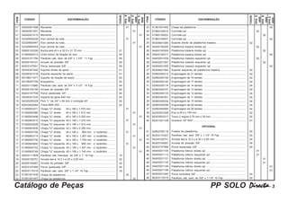 PP SOLO DirectaDirectaDirectaDirectaDirecta----- 3Catálogo de Peças
DISCRIMINAÇÃO
ITEM
ITEM
CÓDIGOCÓDIGO DISCRIMINAÇÃO
54040501498
54040501501
54040501510
52320800439
52320800447
52320800455
50800102356
51460900313
60203101794
60200104121
60203107601
55305301000
55305301018
60106011071
60106007708
60203110980
60200104148
60203107709
55300301230
54320200329
60203903084
51360903471
51360903480
51360903498
51360903510
51360903528
51360903536
51360903706
51360903714
51360903730
51360903692
51360903722
51360903749
60203111609
50240100751
60200104067
60203107466
60203110319
51361001439
51361001447
01
01
01
02
02
02
03
04
05
06
07
08
08
09
10
11
12
13
14
15
16
17
17
17
17
17
17
17
17
17
17
17
17
18
19
20
21
22
23
23
Montante .........................................................................................
Montante .........................................................................................
Montante .........................................................................................
Eixo central da roda.......................................................................
Eixo central da roda.......................................................................
Eixo central da roda.......................................................................
Bucha ø44,40 x ø 32,5 x 31,75 mm ..............................................
Cinta menor de fixação do eixo ....................................................
Parafuso cab. sext. de 5/8" x 1.3/4" 11 Fpp ..............................
Arruela de pressão 5/8" ................................................................
Porca sextavada 5/8" ....................................................................
Suporte direito de apoio ................................................................
Suporte esquerdo de apoio ..........................................................
Suporte de fixação de apoio .........................................................
Braçadeira......................................................................................
Parafuso cab. sext. de 3/4" x 3.1/2" 10 Fpp ..............................
Arruela de pressão 3/4" ................................................................
Porca sextavada 3/4" ....................................................................
Suporte de apoio 640 mm ..............................................................
Pino "L" de 3/4" x 94 mm c/ inclinção 40° .....................................
Trava NMA 455 ..............................................................................
Chapa "U" direita 40 x 180 x 1.570 mm .................................
Chapa "U" direita 40 x 180 x 1.912 mm .................................
Chapa "U" direita 40 x 180 x 2.350 mm .................................
Chapa "U" esquerda 40 x 180 x 1.570 mm .................................
Chapa "U" esquerda 40 x 180 x 1.912 mm .................................
Chapa "U" esquerda 42 x 180 x 2.350 mm .................................
Chapa "U" direita 40 x 180 x 965 mm c/ recâmbio ..........
Chapa "U" direita 40 x 180 x 1.307 mm c/ recâmbio ..........
Chapa "U" direita 40 x 180 x 1.745 mm c/ recâmbio ..........
Chapa "U" esquerda 40 x 180 x 965 mm c/ recâmbio ..........
Chapa "U" esquerda 40 x 180 x 1.307 mm c/ recâmbio ..........
Chapa "U" esquerda 40 x 180 x 1.745 mm c/ recâmbio ..........
Parafuso cab. francesa de 3/8" x 1" 16 Fpp ..............................
Arruela lisa ø 10,3 x ø 25 x 2,00 mm ............................................
Arruela de pressão 3/8" ................................................................
Porca sextavada 3/8" ....................................................................
Parafuso cab. sext. 3/8" x 1.1/4" 16 Fpp .....................................
Chapa da plataforma .....................................................................
Chapa da plataforma .....................................................................
01
04
08
09
09
01
01
02
02
04
04
04
02
02
02
16
32
24
24
16
01
01
01
01
01
01
02
01
01
01
01
01
01
01
01
01
01
01
01
02
TODOS
TODOS
23
24
24
24
25
26
26
26
26
26
26
27
28
29
30
31
32
33
34
35
36
37
38
39
40
51361001455
51960100615
51960100623
51960100631
55304601085
54400100295
54400100309
54400100317
54400201539
54400201547
54400201555
55304601093
52560300212
52560300190
52560300182
52560300174
52560300107
52560300123
52560300301
52560300034
52560300298
52560300069
52320301548
60203903017
60201301109
02
02
02
04
04
04
04
04
04
04
04
04
02
02
01
Chapa da plataforma .....................................................................
Corrimão cpl. ..................................................................................
Corrimão cpl. ..................................................................................
Corrimão cpl. ..................................................................................
Suporte direito da plataforma traseira ..........................................
Plataforma traseira direita cpl. ......................................................
Plataforma traseira direita cpl. ......................................................
Plataforma traseira direita cpl. ......................................................
Plataforma traseira esquerda cpl. ................................................
Plataforma traseira esquerda cpl. ................................................
Plataforma traseira esquerda cpl. ................................................
Suporte esquerdo da plataforma traseira ....................................
Engrenagem de 21 dentes ............................................................
Engrenagem de 19 dentes ............................................................
Engrenagem de 17 dentes ............................................................
Engrenagem de 14 dentes ............................................................
Engrenagem de 13 dentes ............................................................
Engrenagem de 12 dentes ............................................................
Engrenagem de 11 dentes ............................................................
Engrenagem de 10 dentes ............................................................
Engrenagem de 09 dentes ............................................................
Engrenagem de 08 dentes ............................................................
Eixo ø 25,4 x 195 mm .....................................................................
Trava c/ argola 5,75 mm x 50 mm .................................................
Graxeira 1/8" BSP ..........................................................................
02
02
02
02
02
02
02
02
02
02
PPSDDDDD
4000
PPSDDDDD
5000
PPSDDDDD
4500
PPSDDDDD
4000
PPSDDDDD
5000
PPSDDDDD
4500
OPCIONAL
41
42
43
44
45
46
46
46
46
46
46
47
48
52800700116
60203110327
50240100751
60200104067
60203107466
54400201105
54400201113
54400201121
54400201130
54400201148
54400201156
60200301040
60203110319
Fixador da plataforma....................................................................
Parafuso cab. sext. 3/8" x 1.1/2" 16 Fpp .....................................
Arruela lisa ø 10,3 x ø 25 x 2,00 mm ............................................
Arruela de pressão 3/8" ................................................................
Porca sextavada 3/8" ....................................................................
Plataforma inferior direita cpl. .......................................................
Plataforma inferior esquerda cpl. .................................................
Plataforma inferior direita cpl. .......................................................
Plataforma inferior esquerda cpl. .................................................
Plataforma inferior direita cpl. .......................................................
Plataforma inferior esquerda cpl. .................................................
Porca borboleta 3/8" ......................................................................
Parafuso cab. sext. de 3/8" x 1.1/4" 16 Fpp ...............................
02
04
04
04
04
04
04
01
01
01
01
01
01
 