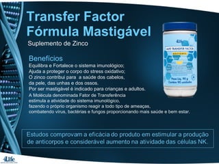 Transfer Factor
Fórmula Mastigável
Suplemento de Zinco
A Molécula denominada Fator de Transferência
estimula a atividade do sistema imunológico,
fazendo o próprio organismo reagir a todo tipo de ameaças,
combatendo vírus, bactérias e fungos proporcionando mais saúde e bem estar.
Benefícios
Equilibra e Fortalece o sistema imunológico;
Ajuda a proteger o corpo do stress oxidativo;
O zinco contribui para a saúde dos cabelos,
da pele, das unhas e dos ossos.
Por ser mastigável é indicado para crianças e adultos.
 