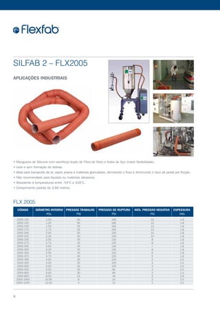 • Mangueira de Silicone com reenforço duplo de Fibra de Vidro e Anéis de Aço (maior flexibilidade).
• Leve e sem formação de dobras.
• Ideal para transporte de ar, vapor, poeria e materiais granulados, otimizando o fluxo e diminuindo o risco de perda por fricção.
• Não recomendado para líquidos ou materiais abrasivos.
• Resistente à temperaturas entre -54°C e 316°C.
• Comprimento padrão de 3,66 metros.
SilFab 2 – FLX2005
Aplicações industriais
FLX 2005
2005-100
2005-125
2005-150
2005-175
2005-200
2005-225
2005-250
2005-275
2005-300
2005-325
2005-350
2005-375
2005-400
2005-450
2005-500
2005-550
2005-600
2005-800
2005-1000
2005-1200
1.00
1.25
1.50
1.75
2.00
2.25
2.50
2.75
3.00
3.25
3.50
3.75
4.00
4.50
5.00
5.50
6.00
8.00
10.00
12.00
60
60
55
55
50
50
45
45
45
45
40
40
40
35
35
30
30
15
8
4
180
180
165
165
150
150
135
135
135
135
120
120
120
105
105
90
90
45
24
12
15
15
13
13
10
10
8
8
7
6
6
5
5
4
4
3
3
3
2
2
1.8
1.8
1.8
1.8
1.8
1.8
1.8
1.8
1.8
1.8
1.8
1.8
2.0
2.0
2.0
2.0
2.3
2.8
3.0
3.0
	CÓDIGO 	DIÂMETRO INTERNO 	Pressão Trabalho 	Pressão de ruptura 	Máx. Pressão Negativa 	Espessura
			 POL. 	 PSI	 PSI 	 PSI 	 MM.
8
 