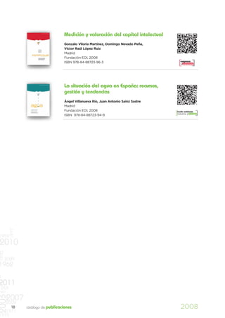 Medición y valoración del capital intelectual
                                     Gonzalo Viloria Martínez, Domingo Nevado Peña,
                                     Víctor Raúl López Ruiz
                                     Madrid
                                     Fundación EOI, 2008
                                     ISBN 978-84-88723-96-3                               empresa
                                                                                          y personas




                                     La situación del agua en España: recursos,
                                     gestión y tendencias
                                     Ángel Villanueva Río, Juan Antonio Sainz Sastre
                                     Madrid
                                     Fundación EOI, 2008                               medio ambiente
                                                                                       industria y energía
                                     ISBN 978-84-88723-94-9
          1977




1959
2010
1970




       2009
1962
0
2011
    959
997
2003




       2007
       2009
           18    catálogo de publicaciones                                                2008
   1977
1973
 