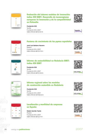 Evaluación del sistema andaluz de innovación:
                                     índice EOI 2007. Desarrollo de tecnoregiones
                                     europeas: la innovación y de la competitividad
                                     en Finlandia
                                     Fundación EOI
                                     Sevilla
                                     Fundación EOI, 2007                                innovación
                                                                                        y creatividad
                                     ISBN 978-84-88723-81-9




                                     Factores de crecimiento de las pymes españolas
                                     José Luis Barbero Navarro
                                     Madrid
                                     Fundación EOI, 2007
                                     ISBN 978-84-88723-76-5                             economía
                                                                                        y desarrollo




                                     Informe de sostenibilidad en Andalucía 2007:
                                     índice EOI 2007
                                     Fundación EOI
                                     Sevilla
                                     Fundación EOI, 2007                              medio ambiente
                                                                                      industria y energía
                                     ISBN 978-84-88723-82-6




                                     Informe regional sobre los modelos
                                     de construcción sostenible en Andalucía
                                     Fundación EOI
                                     Sevilla
                                     Fundación EOI, 2007                              medio ambiente
                                                                                      industria y energía
                                     ISBN 978-84-937306-6-6
          1977




1959
2010
                                     Localización y movilidad de empresas
1970




                                     en España
       2009
1962                                 Rubén Garrido Yserte
                                     Madrid
                                     Fundación EOI, 2007                                economía
                                                                                        y desarrollo
0                                    ISBN 978-84-88723-74-1

2011
    959
997
2003




       2007
       2009
          20     catálogo de publicaciones                                                2007
   1977
1973
 