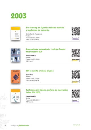 2003
                                     El e-learning en España: modelos actuales
                                     y tendencias de actuación
                                     Javier García Manzanedo
                                     Madrid
                                     Fundación EOI, 2003                             innovación
                                                                                     y creatividad
                                     ISBN 84-88723-42-3




                                     Emprendedor universitario. I edición Premio
                                     Emprendedor EOI
                                     Fundación EOI
                                     Madrid
                                     Fundación EOI, 2003                             escuela abierta
                                                                                     y sociedad
                                     ISBN [s. n.]




                                     EOI te ayuda a buscar empleo
                                     Elena Terol
                                     Madrid
                                     Fundación EOI, 2003
                                     ISBN 84-88723-47-4
                                                                                     escuela abierta
                                                                                     y sociedad




                                     Evaluación del sistema andaluz de innovación:
                                     índice EOI 2003
          1977




1959                                 Fundación EOI

2010                                 Sevilla
                                     Fundación EOI, 2003                             innovación
                                                                                     y creatividad
                                     ISBN [s. n.]
1970




       2009
1962
0
2011
    959
997
2003




       2007
       2009
          28     catálogo de publicaciones                                             2003
   1977
1973
 