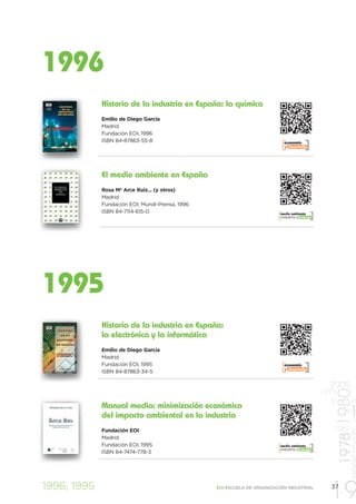 1996
             Historia de la industria en España: la química
             Emilio de Diego García
             Madrid
             Fundación EOI, 1996
             ISBN 84-87863-55-8                                             economía
                                                                            y desarrollo




             El medio ambiente en España
             Rosa Mª Arce Ruiz... (y otros)
             Madrid
             Fundación EOI; Mundi-Prensa, 1996
             ISBN 84-7114-615-0                                           medio ambiente
                                                                          industria y energía




1995
             Historia de la industria en España:
             la electrónica y la informática
             Emilio de Diego García
             Madrid
             Fundación EOI, 1995                                            economía
                                                                            y desarrollo
             ISBN 84-87863-34-5

                                                                                                  2009
                                                                                                         1978 1980


                                                                                                1973
                                                                                                  1997




                                                                                                                19
             Manual media: minimización económica
             del impacto ambiental en la industria                                                             1 19
             Fundación EOI                                                                         1967
             Madrid
             Fundación EOI, 1995                                          medio ambiente
             ISBN 84-7474-778-3
                                                                          industria y energía                   1


1996, 1995                                       EOI ESCUELA DE ORGANIZACIÓN INDUSTRIAL

                                                                                                  19
                                                                                                  37
 
