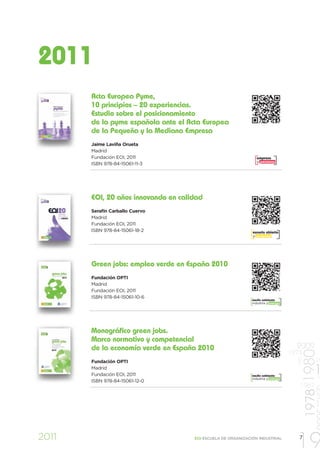 2011
       Acta Europea Pyme,
       10 principios – 20 experiencias.
       Estudio sobre el posicionamiento
       de la pyme española ante el Acta Europea
       de la Pequeña y la Mediana Empresa
       Jaime Laviña Orueta
       Madrid
       Fundación EOI, 2011                                       empresa
                                                                 y personas
       ISBN 978-84-15061-11-3




       EOI, 20 años innovando en calidad
       Serafín Carballo Cuervo
       Madrid
       Fundación EOI, 2011
       ISBN 978-84-15061-18-2                                 escuela abierta
                                                              y sociedad




       Green jobs: empleo verde en España 2010
       Fundación OPTI
       Madrid
       Fundación EOI, 2011
       ISBN 978-84-15061-10-6
                                                              medio ambiente
                                                              industria y energía




       Monográfico green jobs.
       Marco normativo y competencial
       de la economía verde en España 2010                                            2009
                                                                                             1978 1980


                                                                                    1973
                                                                                      1997




       Fundación OPTI                                                                               19
       Madrid
       Fundación EOI, 2011                                    medio ambiente
                                                              industria y energía
                                                                                                   1 19
       ISBN 978-84-15061-12-0
                                                                                       1967

                                                                                                    1


2011                                 EOI ESCUELA DE ORGANIZACIÓN INDUSTRIAL

                                                                                      19
                                                                                       7
 