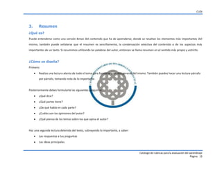 CUDI
Catalogo de rubricas para la evaluación del aprendizaje
Página 13
3. Resumen
¿Qué es?
Puede entenderse como una versión breve del contenido que ha de aprenderse, donde se resaltan los elementos más importantes del
mismo, también puede señalarse que el resumen es sencillamente, la condensación selectiva del contenido o de los aspectos más
importantes de un texto. Si resumimos utilizando las palabras del autor, entonces se llama resumen en el sentido más propio y estricto.
¿Cómo se diseña?
Primero:
 Realiza una lectura atenta de todo el tema para formarte una idea general del mismo. También puedes hacer una lectura párrafo
por párrafo, tomando nota de lo importante.
Posteriormente debes formularte las siguientes preguntas:
 ¿Qué dice?
 ¿Qué partes tiene?
 ¿De qué habla en cada parte?
 ¿Cuáles son las opiniones del autor?
 ¿Qué pienso de los temas sobre los que opina el autor?
Haz una segunda lectura detenida del texto, subrayando lo importante, a saber:
 Las respuestas a tus preguntas
 Las ideas principales
 