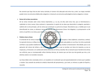 CUDI
Catalogo de rubricas para la evaluación del aprendizaje
Página 30
No conviene que haya más de siete ramas centrales; el número más adecuado está entre tres y siete. Los mapas mentales
pueden tener una estructura diádica (dos categorías o ramas) y/o una estructura policategórica (varias categorías o ramas).
 Ramas de las ideas secundarias:
De las ramas troncales salen ramas menos importantes y, a su vez, de ellas salen otras más, que se interrelacionan y
subdividen en otras nuevas. Estas contienen o representan el soporte de las ideas que desarrollan la categoría, apartado o
subtema de la rama principal, y de las ramas que constituyen su punto de arranque. Recordamos que, a medida que se van
diversificando las ramas, se destacan menos en colorido y en dimensiones (líneas más delgadas). La jerarquización va del
centro a la periferia. Las ramas, pues, forman una estructura nodal conectada.
 Palabras-clave y líneas:
El contenido de las ramas se expresa con palabras-clave que representan conceptos o ideas (adjetivos, sustantivos y verbos).
Su expresión técnica se refleja al escribir las palabras sobre líneas, expresando cada palabra en una línea. Con ello se pretende
contribuir a que puedan establecerse más asociaciones y, al mismo tiempo, facilitar la memorización. Otro detalle, que es una
aplicación del criterio del énfasis y de la claridad, hace referencia a que se escriban con letras de imprenta, ya sea en
mayúscula, y minúsculas o en combinación (letras diferentes en forma y tamaño). No es necesario que el tamaño de las letras
sea uniforme, pues es recompensable utilizar distintas técnicas, de manera que una letra sea más grande que otra y con
distintos colores si se considera necesario.
Las líneas deben estar conectadas entre sí, sin excederse en la extensión que será aproximadamente la misma que la palabra
a resaltar. Esta conexión da sentido de unidad al desarrollo del pensamiento y, por tanto, se refuerza su poder de fijación y
recuerdo.
 