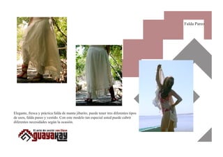 Falda Pareo

Elegante, fresca y práctica falda de manta jibarito, puede tener tres diferentes tipos
de usos, falda pareo y vestido. Con este modelo tan especial usted puede cubrir
diferentes necesidades según la ocasión.

 