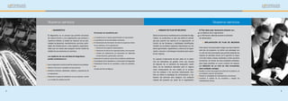 Nuestros servicios                                                                                                                                                                                                    Nuestros servicios

    1.a     diagnóstico                                                                                                                  1.b    arMado de Plan de Mejoras                            El Plan debe estar claramente alineado con:
                                                                        el proceso se caracteriza por:                                                                                               Los objetivos de la organización
    El diagnóstico es un proceso que permite comunicar                                                                                   Sobre la base de los resultados de la actividad de diag-    La información obtenida durante la actividad
    de manera formal, a una organización que produce y                  La existencia de un equipo experimentado en esta práctica        nóstico, se confecciona un plan que define la estrate-      de relevamiento.
    mantiene software, el estado de madurez de sus acti-                La planificación de las actividades necesarias                   gia para soportar las mejoras en la organización, en
    vidades de desarrollo, mantenimiento, servicios, activi-            El relevamiento de información de todos los aspectos críticos    función de las fortalezas y debilidades identificadas.
                                                                                                                                                                                                     1.c     iMPlantación de Plan de Mejoras

    dades de infraestructura y otros aspectos organizacio-              de las prácticas y de la organización:                           También se consideran aspectos relacionados con ob-
                                                                              Revisiones de proyectos representativos                                                                                Para reducir los potenciales riesgos que lleva implícito
    nales que son claves para asegurar ciertos niveles de                                                                                jetivos gerenciales, expectativas y cultura de la organi-
                                                                              Revisiones de activos de organizacionales y de proyectos                                                               este tipo de proyectos, se define una estrategia con
    calidad de sus productos y/o servicios.                                                                                              zación, recursos y tecnologías necesarias para sopor-
                                                                              Llenado de cuestionarios y/o entrevistas con diferentes                                                                un ciclo de vida incremental que permite implantar las
                                                                                                                                         tar las mejoras.
                                                                              niveles directivos, gerenciales y técnicos                                                                             mejoras en períodos cortos, por lo general no mayor
    Los objetivos de una actividad de diagnóstico
                                                                        Desarrollo de consenso acerca de los problemas identificados                                                                 a los tres meses, evaluar resultados y tomar acciones
    pueden sintetizarse en:                                                                                                              Un aspecto fundamental del plan debe ser la defini-
                                                                        Formalización de los resultados en un documento de Diagnóstico                                                               correctivas, en función de esos resultados obtenidos,
                                                                                                                                         ción de indicadores de gestión como una manera
                                                                        Presentación formal de los resultados a todos los participan-                                                                para luego planificar un nuevo conjunto de mejoras.
    Que la organización conozca el perfil de madurez de sus prácticas                                                                    de disponer de un elemento de evaluación cuanti-
                                                                        tes                                                                                                                          La utilización de un ciclo de vida incremental,
    Obtener información cuantitativa de las prácticas                                                                                    tativo, de los beneficios obtenidos para el negocio
                                                                        Armado del Plan de Mejoras                                                                                                   tiene múltiples ventajas:
                                                                                                                                         como consecuencia de una mejora en la produc-
    Identificar fortalezas, debilidades, objetivos y expectativas de                                                                                                                                 Facilitar el control del proyecto por parte de los directivos de
                                                                                                                                         ción de software y los servicios relacionados. Tam-
    la organización                                                                                                                                                                                  la compañía y sponsor del proyecto
                                                                                                                                         bién se define la estrategia de comunicación y mo-
                                                                                                                                                                                                     Reducir la complejidad de implantaciones voluminosas
    Determinar el grado de satisfacción de sus prácticas acorde
                                                                                                                                         tivación del personal para asegurar una adopción
                                                                                                                                                                                                     Contribuir al análisis de los resultados y mejoras las
    a un modelo de calidad conocido                                                                                                      robusta del proyecto por parte de la organización.          implantaciones futuras.




8                                                                                                                                                                                                                                                                       9
 