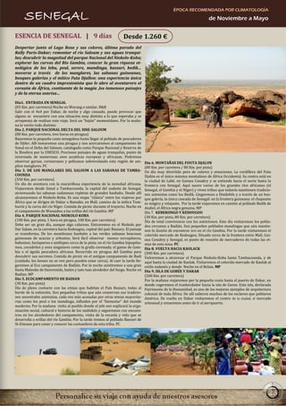 ÉPOCA RECOMENDADA POR CLIMATOLOGÍA
      SENEGAL                                                                                                            de Noviembre a Mayo


ESENCIA DE SENEGAL | 9 días                                        Desde 1.260 €
Despertar junto al Lago Rosa y sus colores, última parada del
Rally Paris-Dakar; remontar el río Saloum y sus aguas tranqui-
las; descubrir la magnitud del parque Nacional del Niokolo-Koba;
explorar las curvas del Río Gambia, conocer la gran riqueza et-
nológica de los lebu, peul, serere, mandinga, bassari, bedik…
moverse a través de los manglares, las sabanas guineanas,
bosques galerías y el mítico Futa Djallon: una experiencia única
dentro de un cuadro impresionista que le abre al aventurero el
corazón de África, continente de la magia ,los inmensos paisajes
y de la eterna sonrisa…

Día1. ENTRADA EN SENEGAL
(83 Km. por carretera) Noche en Warang o similar. B&B
Salir con el 4x4 por Dakar, de noche y algo cansado, puede provocar que
alguno se encuentre con una situación muy distinta a lo que esperaba y se
arrepienta de realizar este viaje. Será un “bajón” momentáneo. Por la maña-
na lo veréis todo distinto.
Día 2. PARQUE NACIONAL DELTA DEL SINE-SALOUM
(80 Km. por carretera, tres horas en piragua)
Bajaremos la pequeña costa senegalesa hasta llegar al poblado de pescadores
de Djifer. Allí tomaremos una piragua y nos acercaremos al campamento de
Simal en el Delta del Saloum, catalogado como Parque Nacional y Reserva de
la Biosfera por la UNESCO. Preciosos paisajes de aguas tranquilas, punto de
invernada de numerosas aves acuáticas europeas y africanas. Podremos
observar garzas, cormoranes y pelícanos sobrevolando esta región de am-           Día 6. MONTAÑAS DEL FOUTA DJALON
plios manglares. PC                                                               (80 Km. por carretera / 80 Km. por pista)
Día 3. DE LOS MANGLARES DEL SALOUM A LAS SABANAS DE TAMBA-                        Un día muy divertido pero de colores y emociones. La cordillera del Futa
COUNDA                                                                            Djalón es el único sistema montañoso de África Occidental. Su centro está en
(550 Km. por carretera)                                                           la ciudad de Labé, en Guinea Conakry y se extiende hacia el norte hasta la
Un día de aventura con la maravillosa experiencia de la novedad africana.         frontera con Senegal. Aquí nacen varios de los grandes ríos africanos (el
Viajaremos desde Simal a Tambacounda, la capital del sudeste de Senegal,          Senegal, el Gambia y el Níger) y viven tribus que todavía mantienen tradicio-
atravesando las sabanas sudanesas repletas de grandes baobabs. Desde allí         nes animistas como los Bedik. Llegaremos a Dindefelo y a través de un bos-
alcanzaremos el Niokolo-Koba. Es una etapa “clásica” entre los viajeros por       que galería, la única cascada de Senegal: en la frontera guineana: el chapuzón
África que se dirigen de Dakar a Bamako, en Malí, camino de la mítica Tom-        es mágico y relajante. Por la tarde viajaremos en camión al poblado Bedik de
buctú y la curva del río Níger. Comida de picnic durante el trayecto. Noche en    Andiel, el África negra genuina. MP
el campamento de Wassadou a las orillas del río Gambia .MP                        Día 7. KEREKONGO Y KEDOUGOU
Día 4. PARQUE NACIONAL NIOKOLO KOBA                                               (30 Km. por pista, 80 Km. por carretera)
(100 Km. por pista, 1 hora en piragua, 100 Km. por carretera)                     Día de total convivencia con los autóctonos. Este día visitaremos los pobla-
Debe ser un gran día, aunque algo caluroso. Entraremos en el Niokolo por          dos cercanos a Badián. Son pequeños poblados mandingas que aún mantie-
Dar Salam, en la carretera hacia Kedougou, capital del país Bassary. El paisaje   nen la ilusión de encontrar oro en el río Gambia. Por la tarde visitaremos el
se transforma. De los monótonos baobabs a las verdes sabanas boscosas             colorido mercado de Kedougou. Situado cerca de la frontera entre Malí, Gui-
guineanas de acacias y arbustos. Será fácil observar monos cercopitecos,          nea Conakry y Senegal, es punto de reunión de mercaderes de todas las et-
babuinos, facóqueros o antílopes cerca de la pista; en el río Gambia hipopóta-    nias de esta zona. PC
mos, cocodrilos y aves singulares como la grulla coronada, el ganso de Gam-       Día 8. VUELTA HACIA KAOLACK
bia o el águila pescadora africana. Recorrido en piragua del Gambia para          (500 Km. por carretera)
descubrir sus secretos. Comida de picnic en el antiguo campamento de Badi         Volveremos a atravesar el Parque Niokolo-Koba hasta Tambacounda, y de
(cuidado, los leones no se ven pero pueden estar cerca). Al caer la tarde lle-    aquí hasta la ciudad de Kaolak. Visitaremos el colorido mercado de Kaolak al
garemos al Eco campamento de Badián. Por la noche asistiremos a una gran          estilo sudanés y donde Noche en el Relais. MP
fiesta Malenke de bienvenida, bailes y tam-tam alrededor del fuego. Noche en      Día 9. ISLA DE GORÉE Y DAKAR
Badian. MP                                                                        (200 Km. por carretera)
Día 5. ECOCAMPAMENTO DE BADIAN                                                    Por la mañana viajaremos por la pequeña costa hasta el puerto de Dakar, en
(30 Km. por pista)                                                                donde cogeremos el trasbordador hacia la isla de Goree. Esta isla, declarada
Día de pleno contacto con las etnias que habitan el País Bassari, todas al        Patrimonio de la Humanidad, es uno de los mejores ejemplos de arquitectura
borde de la extinción. Son pequeñas tribus que aún conservan sus tradicio-        colonial de toda África. De allí salieron muchos de los esclavos que poblaron
nes ancestrales animistas, cada vez más acosadas por otras etnias mayorita-       América. De vuelta en Dakar visitaremos el centro de la ciudad, el mercado
rias como los peul o los mandinga, influidos por el “bienestar” del mundo         artesanal y cenaremos antes de ir al aeropuerto.
moderno. Por la mañana visita al pueblo donde el jefe nos explicará la orga-
nización social, cultural e historia de los malinkés y seguiremos con encuen-
tros en los alrededores del campamento, visita de la escuela y vida que se
desarrolla a orillas del río Gambia. Por la tarde iremos al poblado Bassari de
St-Etienne para cenar y conocer las costumbres de esta tribu. PC




                                                                                                                                                              23
 