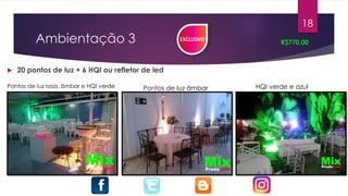 Ambientação 3
 20 pontos de luz + 6 HQI ou refletor de led
R$770,00
18
HQI verde e azulPontos de luz âmbarPontos de luz rosa, âmbar e HQI verde
 