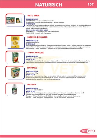 DIS VET
DIS VET
NATURRICH 107
NATU VERM
APRESENTAÇÃO
INDICAÇÃO
Vermífugo de amplo espectro de ação (ovicida, larvicidaa formas adultas) composto de pamoato de pirantel
e praziquantel, utilizado no combate aos nematódeos (vermes redondos) e cestódeos (vermes chatos ou
tênias) que acometem cães e gatos.
POSOLOGIA MODO DE USAR
COMPRIMIDO: 1 comprimido para cada 10kg de peso
SUSPENSÃO: 1ml para cada 2kg de peso.
COMPRIMIDO: Cartucho com 04 comprimidos.
SUSPENSÃO: Cartucho com frasco de 20ml e seringa dosadora.
FARINHA DE CÁLCIO
APRESENTAÇÃO
INDICAÇÃO
Farinha de Cálcio Naturrich é um suplemento mineiral que contém cálcio e fósforo, essenciais ao adequado
desenvolvimento de bovinos, suínos, eqüinos e aves, e outros macro e micromineirais (magnésio, enxofre, i
odo, potássio e sódio) associados á manutenção da produtividade e do rendimento do plantel.
Saco plástico com 1kg
THUYA AVÍCOLA
APRESENTAÇÃO
INDICAÇÃO
Anti-séptico e ceratolítico de usao oral e tópico usado no tratamento de verrugas e condilomas resultantes
de processos infecciosos como a bouba (pipoca) e como adjuvante na remoção de calosidades em aves.
Frascos com 30ml e 100ml.
NATUMIX
APRESENTAÇÃO
INDICAÇÃO
Suplemento vitamínico mineral que contém cálcio, fósforo, selêncio e vitaminas (B1 e nicotinamida)
essesnciais ao adequado desenvolvimento de animais, associados a manutenção da produtividade,
do desempenho reprodutivo e ao rendimento do plantel.
Cartucho com 200g
NATUVIT
APRESENTAÇÃO
INDICAÇÃO
Suplemento vitamínico para cães e gatos com ômega 3 e ômega 6 associados a vitaminas A e E,
indicado para a manutenção de uma pele saudável com pêlos brilhantes e sedosos.
Dosagem: Filhotes: 1 colher das de chá (5ml) para cada 5kg de peso animal, diariamente.
Adultos: 1 colher das de chá (5ml) para cada 15kg de peso animal, diariamente.
Frascos com 240ml e 500ml
 