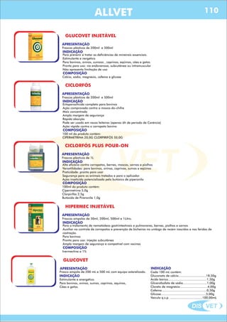 DIS VET
DIS VET
ALLVET
GLUCOVET INJETÁVEL
APRESENTAÇÃO
INDICAÇÃO
Para prevenir e tratar as deficiências de mineirais essenciais.
Estimulante e nergético
Para bovinos, ovinos, suínoos , caprinos, eqüinos, cães e gatos
Pronto para uso: via endovenosa, subcutânea ou intramuscular
Não apresenta limitação de uso
Frascos plásticos de 200ml e 500ml
COMPOSIÇÃO
Cálcio, sódio, magnésio, cafeína e glicose
CICLORFÓS
APRESENTAÇÃO
INDICAÇÃO
Ectoparasiticida completo para bovinos
Ação comprovada contra a mosca-do-chifre
Mais concentrado
Ampla margem de segurança
Rápida aborção
Pode ser usado em vacas leiteiras (apenas 6h de período de Carência)
Ação rápida contra o carrapato bovino
Frascos plásticos de 200ml e 500ml
COMPOSIÇÃO
100 ml do produto contém:
CIPERMETRINA 20,0G CLORPIRIFÓS 50,0G
CICLORFÓS PLUS POUR-ON
APRESENTAÇÃO
INDICAÇÃO
Alta eficácia contra carrapatos, bernes, moscas, sarnas e piolhos
Versatilidades: para bovinos, ovinos, caprinos, suínos e eqüinos
Praticidade: pronto para usar
Segurança para os animais tratados e para o aplicador
Ação inseticida potencializada pelo butóxico de piperonila
Frascos plásticos de 1L
COMPOSIÇÃO
100ml do produto contém:
Cipermetrina 5,0g
Clorpirifós 2,5g
Butóxido de Pireronila 1,0g
HIPERMEC INJETÁVEL
APRESENTAÇÃO
INDICAÇÃO
Para o tratamento de nematódeos gastrintestinais e pulmonares, bernes, piolhos e sarnas
Auxiliar no controle de carrapatos e prevenção de bicheiras no umbigo de recém nascidos e nas feridas de
castração.
Para bovinos
Pronto para uso: injeção subcutânea
Ampla margem de segurança e compatível com vacinas
Frascos ampolas de 50ml, 200ml, 500ml e 1Litro.
COMPOSIÇÃO
Ivermectina a 1%
GLUCOVET
APRESENTAÇÃO
INDICAÇÃO
Estimulante e energético.
Para bovinos, ovinos, suínos, caprinos, equinos,
Cães e gatos.
Frasco ampola de 200 mL e 500 mL com equipo esterelizado.
INDICAÇÃO
Cada 100 mL contém:
Gluconato de cálcio..............................18,50g
Ácido bórico..........................................1,50g
Glicerofosfato de sódio..........................1,00g
Cloreto de magnésio..............................4,00g
Cafeína.................................................0,50g
Glicose.................................................5,00g
Veículo q.s.p. ...................................100,00mL
110
 