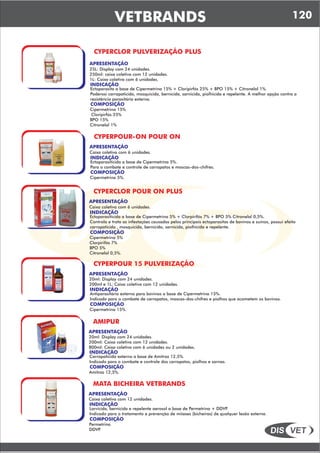 DIS VET
DIS VET
VETBRANDS 120
CYPERCLOR PULVERIZAÇÃO PLUS
APRESENTAÇÃO
INDICAÇÃO
Ectoparasita a base de Cipermetrina 15% + Cloripirfós 25% + BPO 15% + Citronelal 1%.
Poderosi carrapaticida, mosquicida, bernicida, sarnicida, piolhicida e repelente. A melhor opção contra a
resistência parasitária externa.
25L: Display com 24 unidades.
250ml: caixa coletiva com 12 unidades.
1L: Caixa coletiva com 6 unidades.
COMPOSIÇÃO
Cipermetrina 15%
Cloripirfós 25%
BPO 15%
Citronelal 1%
CYPERPOUR-ON POUR ON
APRESENTAÇÃO
INDICAÇÃO
Ectoparasiticida a base de Cipermetrina 5%.
Para o combate e controle de carrapatos e moscas-dos-chifres.
Caixa coletiva com 6 unidades.
COMPOSIÇÃO
Cipermetrina 5%.
CYPERCLOR POUR ON PLUS
APRESENTAÇÃO
INDICAÇÃO
Ectoparasiticida a base de Cipermetrina 5% + Clorpirifós 7% + BPO 5% Citronelal 0,5%.
Controla e trata as infestações causadas pelos principais ectoparasitas de bovinos e suínos, possui efeito
carrapaticida , mosquicida, bernicida, sarnicida, piolhicida e repelente.
Caixa coletiva com 6 unidades.
COMPOSIÇÃO
Cipermetrina 5%
Clorpirifós 7%
BPO 5%
Citronelal 0,5%.
CYPERPOUR 15 PULVERIZAÇÃO
APRESENTAÇÃO
INDICAÇÃO
Antiparasitário externo para bovinos a base de Cipermetrina 15%.
Indicado para o combate de carrapatos, moscas-dos-chifres e piolhos que acometem os bovinos.
20ml: Display com 24 unidades.
200ml e 1L: Caixa coletiva com 12 unidades.
COMPOSIÇÃO
Cipermetrina 15%.
AMIPUR
APRESENTAÇÃO
INDICAÇÃO
Carrapaticida externo a base de Amitraz 12,5%.
Indicado para o combate e controle dos carrapatos, piolhos e sarnas.
20ml: Display com 24 unidades.
200ml: Caixa coletiva com 12 unidades.
800ml: Caixa coletiva com 6 unidades ou 2 unidades.
COMPOSIÇÃO
Amitraz 12,5%.
MATA BICHEIRA VETBRANDS
APRESENTAÇÃO
INDICAÇÃO
Larvicida, bernicida e repelente aerosol a base de Permetrina + DDVP.
Indicado para o tratamento e prevenção de miíases (bicheiras) de qualquer lesão externa.
Caixa coletiva com 12 unidades.
COMPOSIÇÃO
Permetrina
DDVP.
 