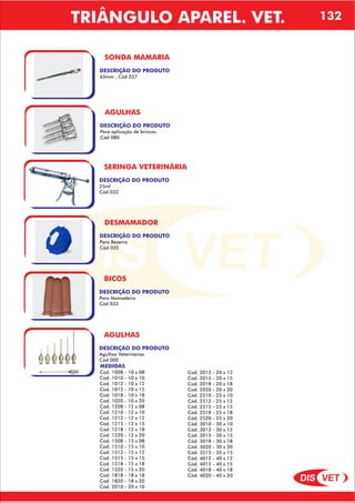 DIS VET
DIS VET
TRIÂNGULO APAREL. VET.
SONDA MAMARIA
DESCRIÇÃO DO PRODUTO
65mm , Cód 037
AGULHAS
DESCRIÇÃO DO PRODUTO
Para aplicação de brincos.
Cód 080
SERINGA VETERINÁRIA
DESCRIÇÃO DO PRODUTO
25ml
Cód 032
DESMAMADOR
DESCRIÇÃO DO PRODUTO
Para Bezerro
Cód 035
BICOS
DESCRIÇÃO DO PRODUTO
Para Mamadeira
Cód 033
AGULHAS
DESCRIÇÃO DO PRODUTO
Agulhas Veterinárias
Cód 000
MEDIDAS
Cod. 1008 - 10 x 08
Cod. 1010 - 10 x 10
Cod. 1012 - 10 x 12
Cod. 1015 - 10 x 15
Cod. 1018 - 10 x 18
Cod. 1020 - 10 x 20
Cod. 1208 - 12 x 08
Cod. 1210 - 12 x 10
Cod. 1212 - 12 x 12
Cod. 1215 - 12 x 15
Cod. 1218 - 12 x 18
Cod. 1220 - 12 x 20
Cod. 1508 - 15 x 08
Cod. 1510 - 15 x 10
Cod. 1512 - 15 x 12
Cod. 1515 - 15 x 15
Cod. 1518 - 15 x 18
Cod. 1520 - 15 x 20
Cod. 1818 - 18 x 18
Cod. 1820 - 18 x 20
Cod. 2010 - 20 x 10
Cod. 2012 - 20 x 12
Cod. 2015 - 20 x 15
Cod. 2018 - 20 x 18
Cod. 2020 - 20 x 20
Cód. 2510 - 25 x 10
Cód. 2512 - 25 x 12
Cód. 2515 - 25 x 15
Cód. 2518 - 25 x 18
Cód. 2520 - 25 x 20
Cód. 3010 - 30 x 10
Cód. 3012 - 30 x 12
Cód. 3015 - 30 x 15
Cód. 3018 - 30 x 18
Cód. 3020 - 30 x 20
Cód. 3515 - 35 x 15
Cód. 4012 - 40 x 12
Cód. 4015 - 40 x 15
Cód. 4018 - 40 x 18
Cód. 4020 - 40 x 20
132
 