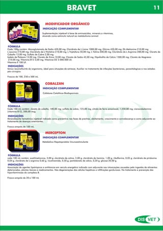 DIS VET
DIS VET
BRAVET
MODIFICADOR ORGÂNICO
INDICAÇÃO COMPLEMENTAR
Suplementação injetável à base de aminoácidos, minerais e vitaminas,
atuando como estímulo natural ao metabolismo animal.
FÓRMULA
Cada 100g contém: Monoglutamato de Sódio 420,00 mg; Cloridrato de L Lisina 1000,00 mg; Glicina 420,00 mg; DL-Metionina 210,00 mg;
L Leucina 210,00 mg; Cloridrato de L Histidina 210,00 mg; L Triptofano 50,00 mg; L Valina 200,00 mg; Cloridrato de L Arginina 200,00 mg; Cloreto de
Cobalto 13,00 mg; Sulfato de Cobre 2,00 mg;
Iodeto de Potássio 15,00 mg; Cloreto de Zinco 10,00 mg; Cloreto de Sódio 42,00 mg; Hipofosfito de Cálcio 1500,00 mg; Cloreto de Magnésio
210,00 mg; Vitamina B12 5,00 mg; Vitamina D2 2.000.000 UI;
Vitamina E 100 UI.
INDICAÇÕES
tônico reconstituinte do organismo, ideal para situações de estresse; Auxiliar no tratamento de infecções bacterianas, parasitológicas e nos estados
pós-cirúrgico.
Frascos de 100, 250 e 500 mL.
COBALZAN
INDICAÇÃO COMPLEMENTAR
Cofatores Catalíticos Biodisponíveis
FÓRMULA
Cada 100 mL contém: cloreto de cobalto, 100,00 mg; sulfato de cobre, 125,00 mg; citrato de ferro amoniacal, 1.250,00 mg; cianocobalamina
(vitamina B12), 200,00 mcg.
INDICAÇÕES
Mineralizante hematínico injetável indicado como preventivo nas fases de prenhez, aleitamento, crescimento e convalescença e como adjuvante ao
tratamento de doenças anemiantes.
Frasco-ampola de 100 mL.
MERCEPTON
INDICAÇÃO COMPLEMENTAR
Metabólico Hepatoprotetor Imunoestimulante
FÓRMULA
cada 100 mL contém: acetilmetionina, 5,00 g; cloridrato de colina, 2,00 g; cloridrato de tiamina, 1,00 g; riboflavina, 0,02 g; cloridrato de piridoxina
0,04 g; cloridrato de L-arginina 0,60 g; nicotinamida, 0,50 g; pantotenato de cálcio, 0,20 g; glicose 20,00 g.
INDICAÇÕES
Associação de agentes lipotrópicos e antitóxicos em veículo energético indicado com adjuvante nas intoxicações causadas pela ingestão de alimentos
deteriorados, plantas tóxicas e medicamentos. Nas degenerações das células hepáticas e infiltrações gordurosas. No tratamento e prevenção das
hipovitaminoses do complexo B.
Frasco-ampola de 20 e 100 mL
11
 