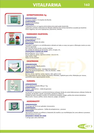 DIS VET
DIS VET
VITALFARMA
ESTREPTOMICINA 5g
APRESENTAÇÃO
COMPOSIÇÃO
Estreptomicina (Sulfato)
16 frascos ampola e 16 ampolas de diluente.
INDICAÇÃO
A Estreptomicina é um agente antimicrobiano de amplo poder bactericida,
usado para controle e tratamento de infecções sistêmicas dos animais domésticos causadas por bactérias
Gram-negativas, tais como Leptospirose, pneumonia, enterites.
FARMADEX INJETÁVEL
APRESENTAÇÃO
COMPOSIÇÃO
Dexametasona (fosfato de sódio)
Frasco ampola com 10 ml
INDICAÇÃO
Farmadex é injetável, é um antiinflamatório indicado em todos os casos nos quais a inflamação mostra-se como
sintoma agravante.
Nos casos de artrite, bursite, sinovite, tendinite.
No combate de edemas por ferimentos, parto, cirurgias, etc...
POSOLOGIA E MODO DE USAR
Bovinos/Equinos: 5,0 a 15,0ml,
Suínos, bezerros, potros, caprinos e ovinos: 1,0 a 2,5 ml,
Cães: 0,25 a 1,0ml
Gatos: 0,125 a 0,25ml
CICATRIZAN
APRESENTAÇÃO
COMPOSIÇÃO
Benzilpeniclinica Benzatina – benzilpeniclina procaína
Sulfato de dihidroestreptomicina – Óleo de citronela – Uréia
Bisnaga contendo 50g do produto.
INDICAÇÃO
Bovinos, ovinos, caprinos, suínos, eqüinos, cães, gatos e aves.
Para cicatrização de cortes, feridas e ferimentos infectados; repelente para evitar infestações por moscas;
queratolítico para regeneraçãodos tecidos.
CURADIL
APRESENTAÇÃO
COMPOSIÇÃO
Carbaril - cipermetrina - violeta de genciana
Frasco plástico contendo 200 g e 1 kg.
INDICAÇÃO
em bovinos no tratamento e controle de bicheiras (milíases); feridas de verão (habronemose cultânea); feridas de
castração, de decúbito, esquila, escoriações, pisaduras e descorna.
Umbigo de recém-nascidos e auxiliar no controle de carrapatos, pulgas, piolhos dos animais domésticos.
Eficaz contra: moscas, piolhos, ácaros, besouros, pulgas, carrapatos.
AGROMASTIT
APRESENTAÇÃO
COMPOSIÇÃO
Fenoximetilpenicilina potássica – Sulfato de estreptomicina - piroxican
10 seringas de 10 ml com aplicador intramamário.
INDICAÇÃO
Agromastit é indicado na profilaxia e tratamento de mastite e sua manifestações tais como edemas e processos
granulomatosos em vacas.
DOSAGEM E MODO DE USAR
1 seringa após cada ordenhada.
162
 