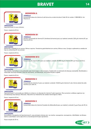 DIS VET
DIS VET
BRAVET
MONOVIN A
FÓRMULA
Concentrado oleoso da vitamina A sob forma de um éster de retinol. Cada 20 mL contém: 2.000.000 U.I. de
Vitamina A.
INDICAÇÕES
Hipovitaminoses A e seus sintomas.
Frasco- ampola de 20 mL.
MONOVIN B1
FÓRMULA
Solução concentrada de vitamina B1 (cloridrato de tiamina) para uso injetável contendo 2,00 g de vitamina B1 por
frasco de 20 mL .
INDICAÇÕES
Polineurite e inapetência em caninos, felinos e equinos. Transtornos gastrintestinais em caninos, felinos e aves. Corrige e suplementa os estados de
hipo ou avitaminose B1 nos animais.
Frasco- ampola de 20 mL.
MONOVIN B12
FÓRMULA
Concentrado de vitamina B12 para uso injetável, contendo 20.000 mcg de vitamina B12 por frasco de 20 mL.
INDICAÇÕES
Nas anemias macrocíticas e nas produzidas após hemorragias e atos cirúrgicos. Coadjuvante no tratamento de doenças anemiantes. Revitalizador e
restaurador das forças durante a fase de crescimento, convalescenças, nas perdas de peso e apetite.
Frasco- ampola de 20 mL.
MONOVIN C
FÓRMULA
Concentrado de vitamina C para uso injetável, contendo 150,00 mg de vitamina C sob a forma estável de ácido
ascórbico por cada mL.
INDICAÇÕES
Hipovitaminoses C, provocadas por defeitos na síntese ou na absorção da vitamina C pelo organismo. Para aumentar as defesas orgânicas nas
convalescenças das doenças infecciosas. Adjuvante nos tratamentos dos estados hemorrágicos e febris.
Frasco- ampola de 20 mL.
MONOVIN E
FÓRMULA
Concentrado oleoso de vitamina E (acetato de alfatocoferol) para uso injetável, contendo 2 g por frasco de 20 mL.
INDICAÇÕES
Na profilaxia e terapêutica da hipovitaminose E, cujos principais sintomas são: nos machos: azoospermia, necrospermia, infertilidade; nas fêmeas;
aborto e esterilidade. Como adjuvante na manutenção da função reprodutora.
Frasco-ampola de 20 mL.
14
 