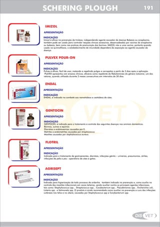 DIS VET
DIS VET
SCHERING PLOUGH
IMIZOL
APRESENTAÇÃO
INDICAÇÃO
Imizol é eficaz na prevenção da tristeza, independendo agente causador da doença Babesia ou anaplasma,
também pode ser usado para controlar reações clínicas excessivas, desencadeadas por vacinas do anaplasma
ou babesia, bem como nas praticas de premunição dos bovinos. IMIZOL não e uma vacina, portanto quando
usado na quimiofilaxia, o estabelecimento de imunidade dependera da exposição ao agente causador da
doença.
PULVEX POUR-ON
APRESENTAÇÃO
INDICAÇÃO
Pulvex é eficaz, fácil de usar, matando e repelindo pulgas e carrapatos a partir de 3 dias após a aplicação.
PULVEX apresentou em ensaios clínicos, eficácia como repelente do flebotomineo do gênero lutzomia, um dos
vetores, quando utilizado durante 3 meses consecutivas em intervalos de 30 dias.
ENDAL
APRESENTAÇÃO
INDICAÇÃO
ENDAL: é indicado no combate aos nematódeos e cestódeos de cães.
GENTOCIN
APRESENTAÇÃO
INDICAÇÃO
GENTOCIN: é indicado para o tratamento e controle das seguintes doenças nos animais domésticos.
Bovinos, suínos e eqüinos
Diarréias e endotoxemias causadas por E.
Metrites e endometrites causadas por streptococcus
Mastites causadas por staphylococcus aureus.
FLOTRIL
APRESENTAÇÃO
INDICAÇÃO
Indicado para o tratamento de gastroenentes, diarréias, infecções gênito – urinárias, pneumonias, otrites,
infecções de pele e pós - operatório de cães e gatos.
AGRISEPT
APRESENTAÇÃO
INDICAÇÃO
Indicado para higienização de todo processo de ordenha. também indicado na prevenção e, como auxilia no
controle das mastites infeccionais em vacas leiteiras, sendo auxiliar contra os principais agentes infecciosos,
tais como: Staphylococcus spp... Streptococcus spp... Corybacterium spp... Pseudômonas spp... Encherichia coli,
Listeria spp . e Salmonela spp. O produto é ainda recomendado como auxiliar na prevenção e cura das infecções
cutâneas nos tetos e no úbere, causadas por Staphylococcus spp e Corybacterium spp.
191
 