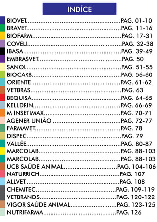INDÍCE
BIOVET.....................................................PAG. 01-10
BRAVET.....................................................PAG. 11-16
BIOFARM..................................................PAG. 17-31
COVELI.....................................................PAG. 32-38
IBASA.......................................................PAG. 39-49
EMBRASVET...............................................PAG. 50
SANOL.....................................................PAG. 51-55
BIOCARB..................................................PAG. 56-60
ORIENTE..................................................PAG. 61-62
VETBRAS...................................................PAG. 63
BEQUISA..................................................PAG. 64-65
KELLDRIN.................................................PAG. 66-69
M INSETIMAX...........................................PAG. 70-71
AGENER UNIÃO.......................................PAG. 72-77
FARMAVET................................................PAG. 78
DISPEC.....................................................PAG. 79
VALLÉE.....................................................PAG. 80-87
MARCOLAB..............................................PAG. 88-103
MARCOLAB..............................................PAG. 88-103
UCB SAÚDE ANIMAL..............................PAG. 104-106
NATURRICH.............................................PAG. 107
ALLVET.....................................................PAG. 108
CHEMITEC.............................................PAG. 109-119
VETBRANDS...........................................PAG. 120-122
VIGOR SAÚDE ANIMAL..........................PAG. 123-125
NUTRIFARMA.........................................PAG. 126
 