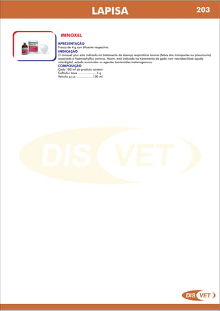 DIS VET
DIS VET
LAPISA
MINOXEL
APRESENTAÇÃO
Frasco de 4 g con diluente respectivo.
INDICAÇÃO
O minoxel plus esta indicado no tratamento da doença respiratória bovina (febre dos transportes ou pneumunia)
associada a haemophylfus somnus. Assim, está indicado no tratamento do gado com necrobaciliose aguda
interdigital, estado envolvidos os agentes bacteróides melanogenicus.
COMPOSIÇÃO
Cada 100 ml do produto contem:
Ceftiofur base .....................5 g
Veiculo q.s.p. ..................100 ml
203
 