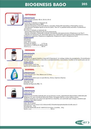 DIS VET
DIS VET
BIOGENESIS BAGO
CEFTIOMAX
APRESENTAÇÃO
INDICAÇÃO
Em bovinos, é indicado no tratamento de:
- Doença Respiratória Bovina (BRD).
- Febre do Transporte ou Pneumonia Bovina, associada a Pasteurella haemolytica e Haemophilus somnus.
- Necrobacilose interdigital aguda em bovinos (pietin, "foot-rot" ou pododermatite) associada a Fusobacterium
necrophorum.
Em suínos, é indicado no tratamento de:
- Doença Respiratória Bacteriana dos Suínos (pneumonia).
- Doenças associadas a Pasteurella multocida, Actinobacillus pleuropneumoniae e Streptococcus suis Tipo 2.
- Infecções por Escherichia coli, Salmonella typhimurium, Haemophilus pleuropneumoniae, Staphylococcus aureus,
Streptococcus agalactiae, Streptococcus dysgalactiae, Streptococcus uberis e Streptococcus bovis.
COMPOSIÇÃO
DESCRIÇÂO
Composição
Cada 100 ml contém:
Cloridrato de ceftiofur........ ......5.710 mg
(equivalente a 5.000mg de ceftiofur base)
veiculo q.s.p. ..........................100 ml
Frasco-ampola contendo 100 ml, 50 ml e 30 ml.
CRONIBEN
APRESENTAÇÃO
INDICAÇÃO
Croniben é um agente luteolítico a base de D-Cloprostenol, um análogo sintético da prostaglandina. O enantilômetro
Dextrógico do Cloprosterol é o mais ativo e conseqüentemente o mais potente. Croniben já vem pronto para usar em
solução injetável.
COMPOSIÇÃO
D-Cloprostenol: 0,075 mg.
Agentes de formulação q.s.p.: 1 ml.
Frasco de 20 ml
ACIENDEL
APRESENTAÇÃO
INDICAÇÃO
Antiparasitário externo pour-on para Bovinos, Ovinos, Caprinos e Equinos.
COMPOSIÇÃO
Cipermetrina: 5%
Clorpirifós: 2,5%
Butóxido de Piperonila (PBX): 1%
Frasco dosador com 1 litro. Bidone com 2,5 litros.
ASPERSIN
APRESENTAÇÃO
INDICAÇÃO
Aspersin é uma emulsão inseticida para uso em bovinos e ovinos, especialmente desenvolvida e elaborada pela
Biogenesis S.A. para controle da Mosca dos Chifres, Carrapatos, Bernes e outros insetos e ácaros.
Aspersin consiste em uma mistura de cipermetrina e clorpirifos, com acentuada ação sinérgica, excelente ação
inseticida e bom efeito residual.
COMPOSIÇÃO
Cada 100 ml contém:
Cipermetrina R-S (cis-trans)-3-(2,2 diclorovinil)2,2 Dimetilciclopropilcarboxilato de alfa-ciano-3-
Fenoxibenzilo)... 20 g
Clorpirifós (fosforotiato de (0,1 dietil-0-(3,5,6 tricloro -2-piridilo)... 50 g
Veiculo q.s.p ...................................................100 ml
Frasco com 34 ml.
205
 