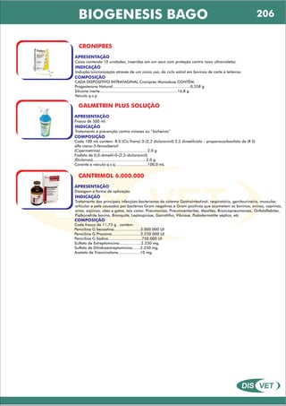 DIS VET
DIS VET
BIOGENESIS BAGO
CRONIPRES
APRESENTAÇÃO
INDICAÇÃO
Indução/sincronização através de um único uso, do ciclo estral em bovinos de corte e leiteiros.
COMPOSIÇÃO
CADA DISPOSITIVO INTRAVAGINAL Cronipres Monodose CONTÉM:
Progesterona Natural...................................................................0,558 g
Silicone inerte...................................................................16,8 g
Veículo q.s.p
Caixa contendo 10 unidades, inseridas em um saco com proteção contra raios ultravioletas.
GALMETRIN PLUS SOLUÇÃO
APRESENTAÇÃO
INDICAÇÃO
Tratamento e prevenção contra míiases ou “bicheiras”
COMPOSIÇÃO
Cada 100 mL contém: R-S (Cis-Trans)-3-(2,2 diclorovinil) 2,2 dimetilciolo – propanocarboxilato de (R S)
alfa ciano-3-fenoxibenzil
(Cipermetrina).........................................2,0 g
Fosfato de 0,0-dimetil-0-(2,2-diclorovinil)
(Diclorvos)..............................................2,0 g
Corante e veiculo q.s.q............................100,0 mL
Frasco de 500 ml.
CANTRIMOL 6.000.000
APRESENTAÇÃO
INDICAÇÃO
Tratamento das principais infecções bacterianas da sistema Gastrointestinal, respiratório, genitourinário, muscular,
articular e pele causados por bactérias Gram negativas e Gram positivas que acometem os bovinos, ovinos, caprinos,
sinos, eqüinos, cães e gatos, tais como: Pneumonias, Pneumoenterites, Mastites, Broncopneumonias, Onfaloflebites,
Pielkonefrite bovina, Bronquite, Leptospirose, Garrotilho, Vibriose, Pododermatite séptica, etc.
COMPOSIÇÃO
Cada frasco de 11,73 g . contém:
Penicilina G benzatina.......................3.000.000 UI
Penicilina G Procaína.........................2.250.000 UI
Penicilina G Sódica.............................750.000 UI
Sulfato de Estreptomicina...................2.250 mg.
Sulfato de Dihidroestreptomicina.......2.250 mg.
Acetato de Triancinolona...................10 mg.
Dosagem e forma de aplicação.
206
 