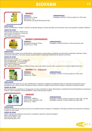 DIS VET
DIS VET
BIOFARM
BIODEX
FÓRMULA
Dexametasona: 5,0mg*
Veículo q.s.p.: 1mL
*Equivalente a 3,8 mg de Dexametasona base
INDICAÇÕES
Potente antiinflamatório. Também é indicado nas afecções alérgicas, pruridos associados com dermatoses, eczema não específico e estados anafiláticos.
MODO DE USAR
Administração parenteral, usando as vias
intramuscular, subcutânea ou intravenosa.
Cães e gatos: 0,1 a 0,5 mL
(ou à critério do Médico Veterinário).
APRESENTAÇÃO
Embalagem contendo 12 frascos ampola com 10mL cada.
BIODEX COMPRIMIDOS
FÓRMULA
Dexametasona(acetato): 0,5mg
Excipiente q.s.p.: 93,0g
INDICAÇÕES
Indicado para cães e gatos como antiinflamatório, antipruriginoso e antireumático nas afecções como:dermatites inespecíficas, tendinites, artrites,
reumatismos articulares e musculares, gonites, paresia posterior, complicações inflamatórias de afecções traumáticas.
MODO DE USAR
Administrar por via oral:
Cães de pequeno porte: 1/2 a 1 comprimido.
Cães de médio porte: 1 a 2 comprimidos.
Cães de grande porte: 3 comprimidos.
Gatos: 1/2 a 1 comprimido.
Obs.: Administrar em uma dose ou dividida em duas vezes ao dia. Aplicar durante 7 dias consecutivos ou à critério do Médico Veterinário.
APRESENTAÇÃO
Embalagem contendo 24 blister com 20 comprimidos cada.
BIOFEN 1% - Injetavel
FÓRMULA
Cetoprofeno: 1g
Veículo q.s.p.: 100mL
INDICAÇÕES
Indicado para cães e gatos por sua ação antiinflamatória, antipirética e analgésica principalmente eficaz no tratamento dos distúrbios músculo-
esqueléticos como: artrose, artrites, traumatismos diversos, entorses e luxações, hérnias de disco e edemas. Tratamento sintomático da febre.
MODO DE USAR
Administração por via subcutânea ou intramuscular nos cães e subcutânea em gatos. Recomenda-se a aplicação de 2mg de Cetoprofeno por kg de peso
corporal, o que corresponde a 0,2mL de BIOFEN 1% para cada kg de peso corporal.
APRESENTAÇÃO
Embalagem contendo 12 frascos ampola com 10mL cada .
HEPAVET
FÓRMULA
Vitamina B12: 4000mcg
Citrato de ferro amoniacal: 0,6g
Veículo q.s.p.: 100mL
INDICAÇÕES
Indicado no tratamento das anemias carenciais ou secundárias devido a infecções ou infestações, intoxicações, períodos de convalescença e fraquezas
em geral em cães e gatos.
MODO DE USAR
Produto indicado para aplicação intramuscular e subcutânea, seguindo as seguintes dosagens:
Gatos e cães pequenos: 1mL;
Cães de porte médio: 1,5mL;
Cães de grande porte: 2mL.
APRESENTAÇÃO
Embalagem contendo 12 frascos ampola com 10mL cada -cód.103;
Embalagem contendo 12 frascos ampola com 50mL cada.
17
 