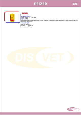 DIS VET
DIS VET
PFIZER
BIOCID
APRESENTAÇÃO
INDICAÇÃO
Biocid é um desinfetante bactericida, viricida, fungicida e esporicida a base de iodophor. Possui ação detergente e
removedor de gorduras.
Frascos com 1, 10 e 20 litros.
COMPOSIÇÃO
Cada litro contém:
Iodophor..........1.000 ml.
Contem 2,6 % de iodo
228
 
