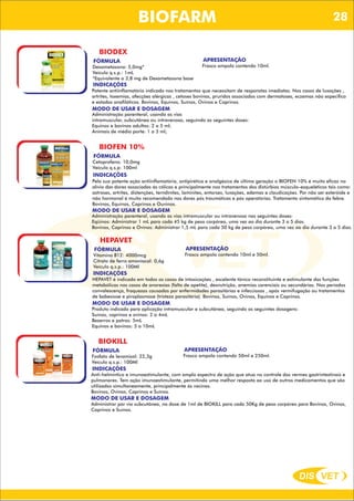 DIS VET
DIS VET
BIOFARM
BIODEX
FÓRMULA
Dexametasona: 5,0mg*
Veículo q.s.p.: 1mL
*Equivalente a 3,8 mg de Dexametasona base
APRESENTAÇÃO
Frasco ampola contendo 10ml.
INDICAÇÕES
Potente antiinflamatório indicado nos tratamentos que necessitam de responstas imediatas. Nos casos de luxações ,
artrites, toxemias, afecções alérgicas , cetoses bovinas, pruridos associados com dermatoses, eczemas não especifico
e estados anafiláticos. Bovinos, Equinos, Suínos, Ovinos e Caprinos.
MODO DE USAR E DOSAGEM
Administração parenteral, usando as vias
intramuscular, subcutânea ou intravenosa, seguindo as seguintes doses:
Equinos e bovinos adultos: 2 a 5 ml;
Animais de médio porte: 1 a 3 ml;
BIOFEN 10%
FÓRMULA
Cetoprofeno: 10,0mg
Veículo q.s.p: 100ml
INDICAÇÕES
Pela sua potente ação antiinflamatória, antipirética e analgésica de última geração o BIOFEN 10% é muito eficaz no
alívio das dores associadas ás cólicas e principalmente nos tratamentos dos distúrbios músculo-esqueléticos tais como:
astroses, artrites, distenções, terndinites, laminites, entorses, luxações, edemas e claudicações. Por não ser esteróide e
não hormonal é muito recomendado nas dores pós traumáticas e pós operatórias. Tratamento sintomático da febre.
Bovinos, Equinos, Caprinos e Ouvinos.
MODO DE USAR E DOSAGEM
Administração parenteral, usando as vias intramuscular ou intravenosa nas seguintes doses:
Eqüinos: Administrar 1 mL para cada 45 kg de peso corpóreo, uma vez ao dia durante 3 a 5 dias.
Bovinos, Caprinos e Ovinos: Administrar 1,5 mL para cada 50 kg de peso corpóreo, uma vez ao dia durante 3 a 5 dias.
HEPAVET
FÓRMULA
Vitamina B12: 4000mcg
Citrato de ferro amoniacal: 0,6g
Veículo q.s.p.: 100Ml
INDICAÇÕES
HEPAVET é indicado em todos os casos de intoxicações , excelente tônico reconstituinte e estimulante das funções
metabólicas nos casos de anorexias (falta de apetite), desnutrição, anemias carenciais ou secundárias. Nos períodos
convalescença, fraquezas causadas por enfermidades parasitárias e infecciosas , após vermifugação ou tratamentos
de babesiose e piroplasmose (tristeza parasitária). Bovinos, Suínos, Ovinos, Equinos e Caprinos.
MODO DE USAR E DOSAGEM
Produto indicado para aplicação intramuscular e subcutânea, seguindo as seguintes dosagens:
Suínos, caprinos e ovinos: 2 a 4mL
Bezerros e potros: 5mL
Equinos e bovinos: 5 a 10mL
APRESENTAÇÃO
Frasco ampola contendo 10ml e 50ml.
BIOKILL
FÓRMULA
Fosfato de levamisol: 22,3g
Veículo q.s.p.: 100Ml
INDICAÇÕES
Anti-helmíntico e imunoestimulante, com amplo espectro de ação que atua no controle dos vermes gastrintestinais e
pulmonares. Tem ação imunoestimulante, permitindo uma melhor resposta ao uso de outros medicamentos que são
utilizados simultaneamente, principalmente ás vacinas.
Bovinos, Ovinos, Caprinos e Suínos.
MODO DE USAR E DOSAGEM
Administrar por via subcutânea, na dose de 1ml de BIOKILL para cada 50Kg de peso corpóreo para Bovinos, Ovinos,
Caprinos e Suínos.
APRESENTAÇÃO
Frasco ampola contendo 50ml e 250ml.
28
 