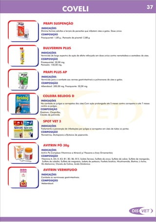 DIS VET
DIS VET
COVELI
PRAPI SUSPENÇÃO
INDICAÇÕES
Elimina formas adultas e larvais de parasitas que infestam cães e gatos. Dose única.
COMPOSIÇÃO
Praziquantel: 1,00 g ; Pamoato de pirantel: 2,88 g.
BULVERMIN PLUS
INDICAÇÕES
Vermicida de largo espectro de ação de efeito reforçado em dose única contra nematódeos e cestódeos de cães.
COMPOSIÇÃO
Prazequantel: 50,00 mg;
Pamoato: 150,00 mg.
PRAPI PLUS AP
INDICAÇÕES
Vermicida para o combate aos vermes gastrintestinais e pulmonares de cães e gatos.
COMPOSIÇÃO
Albendazol: 300,00 mg; Praziquante: 50,00 mg.
COLEIRA BELDOG D
INDICAÇÕES
No combate ás pulgas e carrapatos dos cães.Com ação prolongada até 5 meses contra carrapatos e até 7 meses
contra as pulgas.
COMPOSIÇÃO
Diazinon; Clorpirifós;
Cloreto de polivinila.
SPOT VET 3
INDICAÇÕES
Tratamento e prevenção de infestações por pulgas e carrapatos em cães de todos os portes.
COMPOSIÇÃO
Permetrina, Mwtopreno e Butóxico de piperonila.
AVITRIN PÓ 30g
INDICAÇÕES
Avitrin Pó Complexo Vitamínico e Mineral p/ Pássaros e Aves Ornamentais
COMPOSIÇÃO
Vitamina A; D3; E; K3; B1; B2; B6; B12; Sufato ferroso; Sulfato de zinco; Sulfato de cobre; Sulfato de manganês;
Sulfato de cobalto; Sulfato de magnésio; Iodato de potássio; Fosfato bicálcio; Nicotinamida; Biotina; L-lisina;
DL-Metionina; Cloreto de Colina; Ácido Glutâmico.
AVITRIN VERMIFUGO
INDICAÇÕES
Combate as verminoses gastrintestinais.
COMPOSIÇÃO
Mebendazol.
37
 