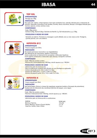 DIS VET
DIS VET
IBASA
TOP GEL
INDICAÇÕES
COMPOSIÇÃO
Tem ação anti- séptica, antipruriginosa e leve ação anestestica loca, estando indicado para o tratamento de
entorses, distensões musculares e dos tendões, bursites, dores musculares, fibroses e nevralgias.Indicado para
bovinos, eqüinos, ovinos, caninos e aves.
POSOLOGIA E MODO DE USAR
Cada 100g contém:
Cânfora 0,50g; Mentol 0,50g e Salicilato de Mentila 1g; Gel hidroalcóolico q.s.p 100g.
APRESENTAÇÃO
Bisnagas de 100g.
Somente uso externo. Friccionar ou massagear a parte efetada uma ou mais vezes ao dia. Protegê-la,
quando possível, com uma atadura.
HIPOVITA B12
INDICAÇÕES
COMPOSIÇÃO
Na anemia perniciosa macrocítica e na megaloblástica.
Nas deficiências do crescimento, apetite e nutricionais;
Como coadjuvante no tratamento de neuropatias e disfunções hepáticas;
Como agente revitalizante e restaurador após doenças, transporte e estresse.
POSOLOGIA E MODO DE USAR
Cada 100ml do produto contém:
Vitamina B12 (cianocobalamina) 100,0mg; veículo aquoso q.s.p. 100,0ml.
APRESENTAÇÃO
Frascos-ampola com 20mL.
Administrar pela via intramuscular.
Pela via endovenosa somente após diluição em soro fisiológico ou glicosado.
Animais de grande porte: 5mL a cada 2 a 3 dias.
Animais de médio porte: 1 a 2mL a cada 2 a 3 dias.
Animais de pequeno porte: 0,5 a 1mL a cada 2 a 3 dias.
HIPOVITA K
INDICAÇÕES
COMPOSIÇÃO
Anti-hemorrágico; Diminui o tempo de coagulação sangüínea (acelera a formação de protombina);
Coadjuvante no tratamento das coccidioses (diarréia do sangue, curso negro).
POSOLOGIA E MODO DE USAR
Cada 100ml do produto contém:
Vitamina k hidrossolúvel (k3) 150,0mg; veículo aquoso q.s.p. 100,0ml.
APRESENTAÇÃO
Frasco-ampola com 20ml.
Administrar pela via intramuscular ou endovenosa.
ESPÉCIE
Bovinos e Equinos
Potros, Bezerros, Ovinos e Suínos Adultos
Caprinos, Leitões, Cães e Gatos
DOSE (ML)
10 a 20
5 a 10
1 a 5
44
 