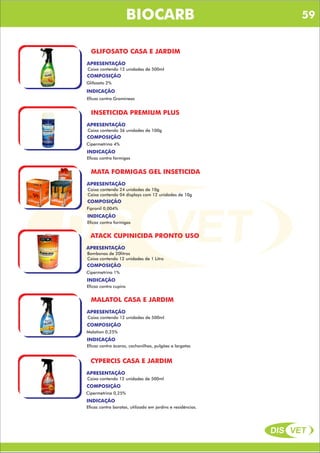 DIS VET
DIS VET
BIOCARB
GLIFOSATO CASA E JARDIM
COMPOSIÇÃO
APRESENTAÇÃO
Caixa contendo 12 unidades de 500ml
Glifosato 2%
INDICAÇÃO
Eficaz contra Gramineas
INSETICIDA PREMIUM PLUS
COMPOSIÇÃO
APRESENTAÇÃO
Caixa contendo 36 unidades de 100g
Cipermetrina 4%
INDICAÇÃO
Eficaz contra formigas
MATA FORMIGAS GEL INSETICIDA
COMPOSIÇÃO
APRESENTAÇÃO
Caixa contendo 24 unidades de 10g
Caixa contendo 04 displays com 12 unidades de 10g
Fipronil 0,004%
INDICAÇÃO
Eficaz contra formigas
ATACK CUPINICIDA PRONTO USO
COMPOSIÇÃO
APRESENTAÇÃO
Bombonas de 20litros
Caixa contendo 12 unidades de 1 Litro
Cipermetrina 1%
INDICAÇÃO
Eficaz contra cupins
MALATOL CASA E JARDIM
COMPOSIÇÃO
APRESENTAÇÃO
Caixa contendo 12 unidades de 500ml
Malation 0,25%
INDICAÇÃO
Eficaz contra ácaros, cochonilhas, pulgões e largatas
CYPERCIS CASA E JARDIM
COMPOSIÇÃO
APRESENTAÇÃO
Caixa contendo 12 unidades de 500ml
Cipermetrina 0,25%
INDICAÇÃO
Eficaz contra baratas, utilizado em jardins e residências.
59
 