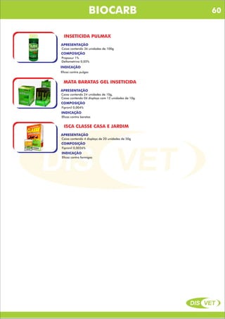 DIS VET
DIS VET
BIOCARB
INSETICIDA PULMAX
COMPOSIÇÃO
APRESENTAÇÃO
Caixa contendo 36 unidades de 100g
Propoxur 1%
Deltametrina 0,05%
INDICAÇÃO
Eficaz contra pulgas
MATA BARATAS GEL INSETICIDA
COMPOSIÇÃO
APRESENTAÇÃO
Caixa contendo 24 unidades de 10g,
Caixa contendo 04 displays com 12 unidades de 10g.
Fipronil 0,004%
INDICAÇÃO
Eficaz contra baratas
ISCA CLASSE CASA E JARDIM
COMPOSIÇÃO
APRESENTAÇÃO
Caixa contendo 4 displays de 20 unidades de 50g
Fipronil 0,0026%
INDICAÇÃO
Eficaz contra formigas
60
 