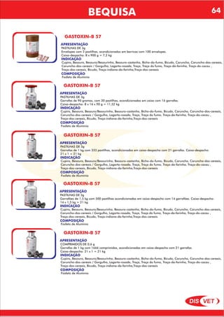 DIS VET
DIS VET
BEQUISA
GASTOXIN-B 57
APRESENTAÇÃO
INDICAÇÃO
Cupins, Besouro, Besouro/Besourinho, Besouro-castanho, Bicho-do-fumo, Bicudo, Caruncho, Caruncho-dos-cereais,
Caruncho-dos-cereais / Gorgulho, Lagarta-rosada, Traça, Traça do fumo, Traça-da-farinha, Traça-do-cacau ,
Traça-dos-cereais, Bicudo, Traça-indiana-da-farinha,Traça-dos-cereais
COMPOSIÇÃO
Fosfeto de Alumínio
PASTILHAS DE 3g
Envelopes com 3 pastilhas, acondicionados em barricas com 100 envelopes.
Caixa-despacho: 8 x 900 g = 7,2 kg
GASTOXIN-B 57
APRESENTAÇÃO
INDICAÇÃO
Cupins, Besouro, Besouro/Besourinho, Besouro-castanho, Bicho-do-fumo, Bicudo, Caruncho, Caruncho-dos-cereais,
Caruncho-dos-cereais / Gorgulho, Lagarta-rosada, Traça, Traça do fumo, Traça-da-farinha, Traça-do-cacau ,
Traça-dos-cereais, Bicudo, Traça-indiana-da-farinha,Traça-dos-cereais
COMPOSIÇÃO
Fosfeto de Alumínio
PASTILHAS DE 3g
Garrafas de 90 gramas, com 30 pastilhas, acondicionadas em caixa com 16 garrafas.
Caixa-despacho: 8 x 16 x 90 g = 11,52 kg
GASTOXIN-B 57
APRESENTAÇÃO
INDICAÇÃO
Cupins, Besouro, Besouro/Besourinho, Besouro-castanho, Bicho-do-fumo, Bicudo, Caruncho, Caruncho-dos-cereais,
Caruncho-dos-cereais / Gorgulho, Lagarta-rosada, Traça, Traça do fumo, Traça-da-farinha, Traça-do-cacau ,
Traça-dos-cereais, Bicudo, Traça-indiana-da-farinha,Traça-dos-cereais
COMPOSIÇÃO
Fosfeto de Alumínio
PASTILHAS DE 3g
Garrafas de 1 kg com 333 pastilhas, acondicionadas em caixa-despacho com 21 garrafas. Caixa-despacho:
21 x 1 = 21 kg
GASTOXIN-B 57
APRESENTAÇÃO
INDICAÇÃO
Cupins, Besouro, Besouro/Besourinho, Besouro-castanho, Bicho-do-fumo, Bicudo, Caruncho, Caruncho-dos-cereais,
Caruncho-dos-cereais / Gorgulho, Lagarta-rosada, Traça, Traça do fumo, Traça-da-farinha, Traça-do-cacau ,
Traça-dos-cereais, Bicudo, Traça-indiana-da-farinha,Traça-dos-cereais
COMPOSIÇÃO
Fosfeto de Alumínio
PASTILHAS DE 3g
Garrafões de 1,5 kg com 500 pastilhas acondicionadas em caixa-despacho com 14 garrafões. Caixa-despacho:
14 x 1,5 kg = 21 kg
GASTOXIN-B 57
APRESENTAÇÃO
INDICAÇÃO
Cupins, Besouro, Besouro/Besourinho, Besouro-castanho, Bicho-do-fumo, Bicudo, Caruncho, Caruncho-dos-cereais,
Caruncho-dos-cereais / Gorgulho, Lagarta-rosada, Traça, Traça do fumo, Traça-da-farinha, Traça-do-cacau ,
Traça-dos-cereais, Bicudo, Traça-indiana-da-farinha,Traça-dos-cereais
COMPOSIÇÃO
Fosfeto de Alumínio
COMPRIMIDOS DE 0,6 g
Garrafas de 1 kg com 1666 comprimidos, acondicionadas em caixa-despacho com 21 garrafas.
Caixa-despacho: 21 x 1 = 21 kg
64
 