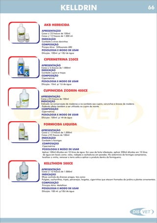DIS VET
DIS VET
KELLDRIN
AKB HERBICIDA
APRESENTAÇÃO
Caixa c/ 25 frascos de 100ml.
Caixa c/ 12 frascos de 1.000 ml.
INDICAÇÃO
Combate a ervas daninhas
COMPOSIÇÃO
Pricipío Ativo: Glifosonato 480
POSOLOGIA E MODO DE USAR
Diluição: 100ml. p/ 10Lt de água
CIPERMETRINA 250CE
APRESENTAÇÃO
INDICAÇÃO
Combate cupins e traças
COMPOSIÇÃO
Cipermetrina
Caixa c/ 6 frascos de 1.000ml
POSOLOGIA E MODO DE USAR
Diluição: 10ml. p/ 1Lt de água
CUPINICIDA ZODRIN 400CE
APRESENTAÇÃO
INDICAÇÃO
Indicado na conservação de madeiras e no combate aos cupins, carunchos e brocas de madeira.
Podendo afetar também a ser utilizado no cupim de monte.
COMPOSIÇÃO
Cipermetrina
Caixa c/25 frascos de 100ml
POSOLOGIA E MODO DE USAR
Diluição: 100ml. p/ 4lt de água
FORMICIDA LIQUIDA
APRESENTAÇÃO
INDICAÇÃO
Combate a formigas
COMPOSIÇÃO
Cipermetrina
Caixa c/ 12 frascos de 1.000ml
Caixa c/25 frascos de 100ml
POSOLOGIA E MODO DE USAR
Aplicar 100ml diluídos em 10 litros de água. Em caso de forte infestação, aplicar 200ml diluídos em 10 litros
de água em locais como: ralos, rodapés e rachaduras em paredes. No extermínio de formigas campineiras,
localizar o ninho, remover a terra solta e aplicar o produto dentro do formigueiro.
KELLTHION 500CE
APRESENTAÇÃO
INDICAÇÃO
Eficaz controle de diversas pragas, tais como:
Pulgões, cochonilhas, tripés, percevejos, largatas, cigarrinhas que atacam framados de jardins e plantas ornamentais.
COMPOSIÇÃO
Princípio Ativo: Malathion
Caixa c/ 12 frascos de 1.000ml
POSOLOGIA E MODO DE USAR
Diluição: 100 ml. p/10Lt de água
66
 