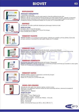 DIS VET
DIS VET
BIOVET
BIOFLOXACIN
150MG
INDICAÇÃO COMPLEMENTAR
1 comprimido a cada 30 kg
Biofloxacin 150 mg Antibiótico oral de amplo espectro á base de enrofloxacina para cães.
Biofloxacin 150 mg é uma quinolona de terceira geração com amplo espectro de ação , indicada no tratamento
de diversas doenças infecciosas de cães, causadas por bactérias gram positivas,gram negativas,espiroquetas e
micoplasmas sensíveis á Enrofloxacina.Display com 10 caixas com 10 comprimidos cada.
AMITRAZ
12,5%
Carrapaticida, sarnicida e piolhicida indicado para pulverização e banho em cães.
MODO DE USAR
Carrapatos: diluir 2 mL por litro de água
Sarna demodécica e sarcóptica:diluir 4 mL por litro de água.
Frasco contendo 20 mL e 200 mL.
VERMIVET FILHOTE
VERMIVET FILHOTE é um vermífugo de amplo espectro, indicado para combater as formas adultas e larvais dos
principais cestóides e nematóides dos cães e gatos. Display com 12 unidades.
VERMIVET PLUS
Vermivet para cães e gatos á base de pamoato de pirantel , praziquantel e febantel.
VERMIVET PLUS é um vermífugo de amplo espectro, indicado para combater as formas adultas e larvais dos
principais cestóides e nematóides dos cães e gatos.
Display com 10 caixas com 4 comprimidos cada.
660 MG
VERMIVET COMPOSTO
Vermivet para cães e gatos á base de pamoato de Pirantel e Praziquantel.
VERMIVET COMPOSTO é indicado no tratamento e controle das principais verminoses que acometem os cães e gatos.
Display com 10 caixas com 4 comprimidos cada.
600MG
VERMIVET GATOS
VERMIVET GATOS é indicado no tratamento e controle das principais
verminoses que acometem os gatos.
Display com 10 caixas com 2 comprimidos cada.
300MG
HEMO-FER LÍQUIDO
Indicado para cães, gatos, aves, eqüinos, caprinos, ouvinos e suínos.
Hemo-Ferr é um suplemento vitamínico mineral com alta concentração de ferro, vitaminas do complexo B,
ácido fólico e minerais.
5.000 mg de ferro – Palatável
MODO DE USAR
Líquido ( via oral )
Cães e Gatos – 1 mL p/ 10kg,2x ao dia
Aves e Roedores- 2 mL em 1 l de água
Caprinos e Ovinos Adultos – 10 mL ao dia- Filhotes – 1ml ao dia
Eqüinos – 20 mL ao dia
Potros – 10 mL ao dia
Suínos – 2 mL ao dia
Leitões – 0,5 mL ao dia Frascos com 30 mL , 60 mL ,500 ml e 1 L
03
 