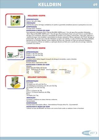 DIS VET
DIS VET
KELLDRIN
KELLDRIN 400PM
APRESENTAÇÃO
Caixa c/ 40 unid. 500g
INDICAÇÃO
Controle de cupins, formigas cortadeiras em jardins e gramados amadores (saúvas e quenquéns) e ao coró.
COMPOSIÇÃO
Principio Ativo: Propoxur
POSOLOGIA E MODO DE USAR
Para pequenas infestações:Diluir 25g de KELLDRIN 400PM para 1 litro de água.Para grandes infestações
:Diluir 50g do KELLDRIN 400PM para 1 litro de água.Recomendações:Fazer uma pré mistura usando 500 ml
de água num recipiente, adicione a quantidade de produto a ser usado e misture bem. Logo após, adicione o
restante de água, até completar a quantidade da solução necessária. Efetuar aplicação com Pincel, Seringa ou
Pulverizador, de acordo com o tipo de infestação ou local a ser tratado, ou seja, Armários, Roupeiros, Rodapés,
Rachaduras em Paredes, Balcões, atrás e debaixo de Pias e etc. Quando os Cupins já estiverem alojados e
houver pequenos orifícios na madeira, a aplicação deverá ser feita com o auxilio de uma seringa, injetando
o produto nos orifícios.
POTTENTE 400PM
APRESENTAÇÃO
INDICAÇÃO
Combate contra Aedes Aegypti (mosquito da dengue) escorpiões, cupins e baratas.
COMPOSIÇÃO
Princípio Ativo: Cipermetrina 40%
Display c/ 20 unid. De 25g
Display c/ 40 unid. De 25g
POSOLOGIA E MODO DE USAR
Diluição:
DOSE VOLUME TOTAL DE CALDA
Diluir Tratamento de choque área de aplicação manutenção
25g 6,25litros 125m² 12,5 litros
40g 10 litros 200m² 20 litros
KELLMAT RATICIDA
APRESENTAÇÃO
INDICAÇÃO
Combate a roedores em áreas internas e externas.
Apresentação:
COMPOSIÇÃO
Princípio Ativo Granulado e Bloco – Bromodiolone Princípio Ativo Pó – Coumatetralil
Granulado:
10 display com 40 unid. De 25 g
10 embalagens econômicas com 40 unid. De 25g
20 cartelas c/10 unid. De 25g
Pós:
Caixa c/ 6 frascos de 1kg
Caixa c/ 12 frascos talqueiras de 200g
Bloco:
10 display com 1kg
POSOLOGIA E MODO DE USAR
Colocar as iscas do KELLMAT nas tocas e em outros locais onde os roedores vivem e transitam.
69
 