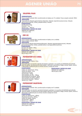 DIS VET
DIS VET
AGENER UNIÃO
ZELOTRIL PLUS
APRESENTAÇÃO
Frasco-ampola contendo 50ml, acondicionado em display com 12 unidades. Frasco-ampola contendo 100ml.
INDICAÇÃO
Tratamendo de infecções gastrointestinais (diarréias), infecções respiratórias (pneumonias), infecções
geniturinárias (metrites, cistites), pododermatites e mastites.
COMPOSIÇÃO
Enrofloxacina 10,0g
Piroxicam 1,2g
Veículo q.s.p. 100,0 ml
POSOLOGIA E MODO DE USAR
PERÍODO DE CARÊNCIA:
3 dias para o leite
CEF-50
APRESENTAÇÃO
INDICAÇÃO
Tratamento de infecção gastrointestinais(diarréias), infecções respiratórias(pneumonias), infecções
genuturinárias(metrites, cistites), pododermatites e meningoecefalite bacteriana.
COMPOSIÇÃO
Cloridrato de ceftiofur 50mg
Veículo q.s.p. 1ml
Frasco-ampola contendo 30ml, acondicionado em display com 6 unidades
Frasco-ampola contendo 100ml.
POSOLOGIA E MODO DE USAR
PERÍODO DE CARÊNCIA:
Não há para o leite
POTENFORT B12 ORAL
APRESENTAÇÃO
INDICAÇÃO
Estimulante para uso durante o período de lactação e gestação e nos quadros de debilidade generalizada,
perda de apetite, convalescença de enfermidades infecciosas e parasitárias, fadiga, estresse, apatia, anemia
e desnutrição. Fortificante para os animais durante a estação de monta.
COMPOSIÇÃO
Sulfato de mefentermina 66mg
Sulfato de cobalto 15mg
Vitamina b12 67mcg
Nicotinamida 140mg
Glicerosfosfato de cálcio 500mg
Glicerofosfato de mangenês 50mg
Glicerosfosfato de potássio 100mg
Glicerofosfato de sódio 1000mg
Veículo q.s.p. 100ml
Frascos contendo 120ml e 1 litro.
POSOLOGIA E MODO DE USAR
PERÍODO DE CARÊNCIA:
Não há para o leite
POTENFORT INJETÁVEL
APRESENTAÇÃO
INDICAÇÃO
: Estimulante para uso durante o período de lactação e gestação e nos quadros de debilidade generalizada,
perda de apetite, convalescença de enfermidades infecciosas e parasitárias, fadiga, estresse, apatia, anemia e
desnutrição. Fortificante para os animais durante a estação de monta.
COMPOSIÇÃO
Sulfato de mefentermina 600mg
Pantotenato de cálcio 500mg
Sulfato de cobalito 200mg
Nicotinamida 1000mg
Veículo q.s.p. 100ml
Frasco-ampola contendo 10ml, acondicionado em display com 9 unidades.
POSOLOGIA E MODO DE USAR
PERÍODO DE CARÊNCIA:
Não há para o leite.
75
 