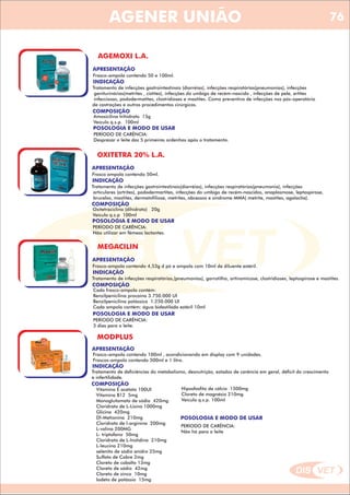DIS VET
DIS VET
AGENER UNIÃO
AGEMOXI L.A.
APRESENTAÇÃO
Frasco-ampola contendo 50 e 100ml.
INDICAÇÃO
Tratamento de infecções gastrointestinais (diarréias), infecções respiratórias(pneumonias), infecções
geniturinárias(metrites , cistites), infecções do umbigo de recém-nascido , infecções de pele, artites
infecciosas, pododermatites, clostridioses e mastites. Como preventivo de infecções nos pós-operatório
de castrações e outras procedimentos cirúrgicos.
COMPOSIÇÃO
Amoxicilina trihidrato 15g
Veículo q.s.p. 100ml
POSOLOGIA E MODO DE USAR
PERÍODO DE CARÊNCIA:
Desprezar o leite das 5 primeiras ordenhas após o tratamento.
OXITETRA 20% L.A.
APRESENTAÇÃO
INDICAÇÃO
Tratamento de infecções gastrointestinais(diarréias), infecções respiratórias(pneumonia), infecções
articulares (artrites), pododermartites, infecções do umbigo de recém-nascidos, anaplasmose, leptospirose,
brucelos, mastites, dermatofiliose, metrites, abcessos e síndrome MMA( metrite, mastites, agalactia).
COMPOSIÇÃO
Oxitetraciclina (dihidrato) 20g
Veículo q.s.p 100ml
Frasco ampola contendo 50ml.
POSOLOGIA E MODO DE USAR
PERÍODO DE CARÊNCIA:
Não utilizar em fêmeas lactantes.
MEGACILIN
APRESENTAÇÃO
INDICAÇÃO
Tratamento de infecções respiratórias,(pneumonias), garrotilho, artinomicose, clostridioses, leptospirose e mastites.
COMPOSIÇÃO
Cada frasco-ampola contém:
Benzilpenicilina procaína 3.750.000 UI
Benzilpenicilina potássica 1.250.000 UI
Cada ampola contém: água bidestilada estéril 10ml
Frasco-ampola contendo 4,53g d pó e ampola com 10ml de diluente estéril.
POSOLOGIA E MODO DE USAR
PERÍODO DE CARÊNCIA:
3 dias para o leite.
MODPLUS
APRESENTAÇÃO
INDICAÇÃO
Tratamento de deficiências do metabolismo, desnutrição, estados de carência em geral, déficit do crescimento
e infertilidade.
COMPOSIÇÃO
Vitamina E acetato 100UI
Vitamina B12 5mg
Monoglutamato de sódio 420mg
Cloridrato de L-Lisina 1000mg
Glicina 420mg
Dl-Metionina 210mg
Cloridrato de l-arginina 200mg
L-valina 200MG
L- triptofano 50mg
Cloridrato de L-histidina 210mg
L-leucina 210mg
selenito de sódio anidro 25mg
Sulfato de Cobre 2mg
Cloreto de cobalto 13mg
Cloreto de sódio 42mg
Cloreto de zinco 10mg
Iodeto de potássio 15mg
Frasco-ampola contendo 100ml , acondicionando em display com 9 unidades.
Frascos-ampola contendo 500ml e 1 litro.
POSOLOGIA E MODO DE USAR
PERÍODO DE CARÊNCIA:
Não há para o leite
Hiposfosfito de cálcio 1500mg
Cloreto de magnésio 210mg
Veículo q.s.p. 100ml
76
 