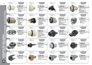 SOQUETEDEUSOGERAL
(FAROL/PISCA/LANTERNASTRASEIRAS/GLOBOÓPTICO)
8
»» DP7.040
Soquete para Lâmpada
de Leitura
Ônibus Rodoviário (Todos)
MBB: 364.544.75.93
»» DP7.103
Soquete Globo Ótico
(Arteb)
Apolo/Verona 89 a 92
Escort Hobby 93 >
VW:542.941.981
Ford:86AU13A210A.A
»» DP7.101
Soquete Pisca Dianteiro
(Cibié)
Linha BX/Gol/Parati/Saveiro/
Santana/Quantum 86 >
Versailles/Royalle/Verona 87 >
VW: 533.941.669 - Ford: 3259530532
»» DP7.009
Soquete Pisca
Golf 99 >
Lâmpada Amarela PY - 21 wts
VW: 953.123A
»» DP7.119
Soquete Lanterna
Sedan 1300 (Fusquinha)
Traseiro (Refletor)
»» DP7.116
Soquete Pisca
Sedan 1300/1500/1600/
Dianteiro
VW: 113.953.051-1
»» DP7.104
Soquete Globo Ótico
Linha BX/Passat/Escort até 86/
Caminhão Cargo
VW: 102.945.245-1
Ford:76BG13A200A1A/
ZBA.941.117-B
»» DP7.105
Soquete Globo Ótico
(Cibié)
Escort 86 a 92/Verona/F1000/
Escort Hobby 93 >
Kadett/Ipanema/Apolo
VW:542.941.117-Ford:84FG13A210BA
»» DP7.254
Soquete Luz Neblina
Polo Sedan 03 >
»» DP7.253
Soquete Luz de Ré
Polo Sedan 03 >
»» DP7.251
Soquete Pisca
Corsa 02 >/Montana/Meriva
Todos os modelos GM 93.386.802
»» DP7.126
Soquete Pisca
Lâmpada 1141 (Branca)
Corsa todos os Modelos inclusive
Pick-Up e Perua (Dianteiro)
GM: 90.444.711
Lanterna Paralama VW Constellation
»» DP7.256
Soquete Pisca (Branco)
Gol/Parati/Saveiro G III
VW.953053
»» DP7.255
Soquete Pisca
Dianteiro
Polo todos os modelos
»» DP7.258
Soquete Pisca
KA Todos os modelos
»» DP7.257
Soquete Pisca (Preto)
Gol/Parati/Saveiro G IV/Fox
Lâmpada Amarela PY 21 wts
»» DP7.260
Soquete Lanterna
Traseira
Honda Fit 02 Pólos 33513SADM01
»» DP7.261
Soquete Pisca Lanterna
Traseira
Honda Fit Lâmpada Amarela
PY 21 wts 33514SADM01
»» DP7.262
Soquete Luz de Ré
Lanterna Traseira
Honda Fit 33515SADM01
Emb. 05 pçs.
Emb. 05 pçs.
Emb. 05 pçs.
Emb. 05 pçs.
Emb. 05 pçs.
Emb. 05 pçs.
Emb. 05 pçs.
Emb. 05 pçs.
Emb. 05 pçs.
Emb. 02 pçs.
Emb. 02 pçs.
Emb. 05 pçs.
Emb. 05 pçs.
Emb. 05 pçs.
Emb. 05 pçs.
Emb. 02 pçs.
Emb. 05 pçs.
Emb. 05 pçs.
Emb. 05 pçs.
Emb. 05 pçs.
»» DP7.006
Soquete Pisca
Astra até 02 / Celta 01 > Todos
os Modelos
Lâmpada Amarela PY - 21 wts
GM: 93289979
 
