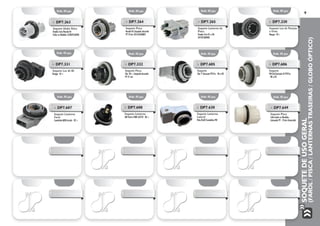SOQUETEDEUSOGERAL
(FAROL/PISCA/LANTERNASTRASEIRAS/GLOBOÓPTICO)
9
Emb. 05 pçs.
Emb. 05 pçs.
Emb. 05 pçs. Emb. 05 pçs.
Emb. 05 pçs.
Emb. 05 pçs.
Emb. 05 pçs.
Emb. 05 pçs.
Emb. 05 pçs.
Emb. 05 pçs.
Emb. 05 pçs.
»» DP7.608
Soquete Lanterna
GM Vectra GMB A3310 - 06 >
»» DP7.630
Soquete Lanterna
Lateral
Polo/Golf/Caminhão VW
»» DP7.649
Soquete Pisca
Celta todos os Modelos
Lâmpada PY - 21wts (Amarela)
»» DP7.264
Soquete Pisca
Honda Fit Lâmpada Amarela
PY 21wts 33516SADM01
»» DP7.265
Soquete Lanterna de
Placa
Honda Civic 01 a 06
34102560003
»» DP7.331
Soquete Luz de Ré
Ranger 05 >
»» DP7.330
Soquete Luz de Posição
e Freio
Ranger 05 >
»» DP7.605
Soquete
Clio 1ª Geração PY21w - 96 a 02
»» DP7.607
Soquete Lanterna
Farol
Caminhão MBB Accelo - 02 >
»» DP7.606
Soquete
VW Gol Geração III PY21w
- 98 a 05
»» DP7.332
Soquete Pisca
Clio 04 > Lâmpada Amarela
PY 21 wts
»» DP7.263
Soquete Globo Ótico
Honda Civic/Honda Fit
Todos os Modelos 33304S5A003
Emb. 05 pçs.
 