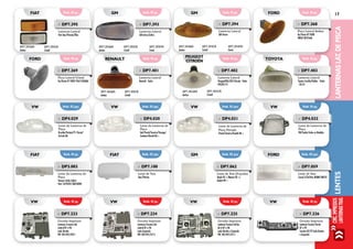 17
LANTERNASLAT.DEPISCALENTESCIRC.IMPRESSOS
LANTERNASTRAS.
»» DP7.369
Pisca Lateral Cristal
Ka/Fiesta Nº FORD YS6513368AA
»» DP7.403
Lanterna Lateral
Toyota Corolla/Fielder - Todos
- LD/LE
»» DP7.401
Lanterna Lateral
Renault - Todos
DP7.401AM
Ambar
DP7.401CR
Cristal
»» DP7.402
Lanterna Lateral
Peugeot206/307/Citroën - Todos
Nº6325.74
DP7.402AM
Ambar
DP7.402CR
Cristal
»» DP3.003
Lente da Lanterna de
Placa
Tempra (toda Linha)
Fiat: 7679222/50010004
»» DP7.100
Lente de Teto
Uno/Prêmio
»» DP7.062
Lente de Teto (Frezada)
Opala 92 >/Monza 85 >/
Kadett 89 >
»» DP7.059
Lente de Teto
Corcel II/Del Rey BD8M13M701
»» DP4.029
Lente da Lanterna de
Placa
Brasília/Variant/TI. Passat/
Gol até 86
»» DP4.030
Lente da Lanterna de
Placa
Gol/Parati/Saveiro/Voyage/
Santana/Kombi 86 >
»» DP4.031
Lente da Lanterna de
Placa Pintada
Parati/Saveiro/Kombi 86 >
»» DP4.032
Lente da Lanterna de
Placa
VW/Sedan Todos os Modelos
Emb. 01 pç.
Emb. 02 pçs.
Emb. 01 pç.
Emb. 01 pç.
Emb. 02 pçs.
Emb. 02 pçs.
Emb. 01 pç.
Emb. 02 pçs.
Emb. 02 pçs.
Emb. 01 pç.
Emb. 01 pç.
Emb. 02 pçs.
FORD
VW
fiat
RENAULT
VW
FIAT
PEUGEOT
CITROËN
VW
GM
TOYOTA
VW
FORD
»» DP7.223
Circuito Impresso
Lanterna Traseira Gol
central 87 a 96
Lado Direito
VW: 305.945.258.1
»» DP7.224
Circuito Impresso
Lanterna Traseira Gol
central 87 a 96
Lado Esquerdo
VW: 305.945.257.2
»» DP7.225
Circuito Impresso
Lanterna Traseira Gol luz
de ré 87 a 96
Lado Direito e Esquerdo
VW: 305.945.257.C
»» DP7.226
Circuito Impresso
Lanterna Traseira Parati
87 a 95
Saveiro 85/97 lado Direito
e Esquerdo
Emb. 01 pç. Emb. 01 pç. Emb. 01 pç. Emb. 01 pç.VW VW VW VW
DP7.394AM
Ambar
DP7.394CR
Cristal
DP7.394FM
Fumê
DP7.393AM
Ambar
DP7.393CR
Cristal
DP7.393FM
Fumê
DP7.395AM
Ambar
DP7.395CR
Cristal
Emb. 01 pç. Emb. 01 pç. Emb. 01 pç. Emb. 01 pç.FIAT GM GM FORD
»» DP7.394
Lanterna Lateral
GM Vectra
»» DP7.368
Pisca Lateral Ambar
Ka/Fiesta Nº FORD
98KU13K376AA
»» DP7.393
Lanterna Lateral
GM Astra/Zafira
»» DP7.395
Lanterna Lateral
Fiat Uno/Prêmio/Elba
 